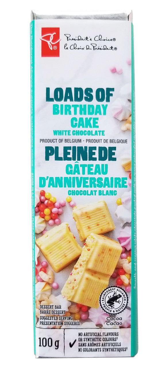 President's Choice Loads of Birthday Cake White Chocolate Bar, 100g/3.5 oz. (Imported from Canada)