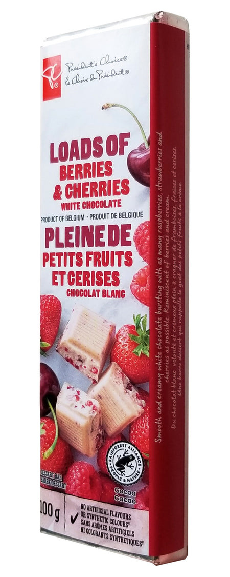 President's Choice Loads of Berries & Cherries White Chocolate Bar, 100g/3.5 oz. (Imported from Canada)