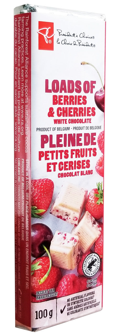 President's Choice Loads of Berries & Cherries White Chocolate Bar, 100g/3.5 oz. (Imported from Canada)