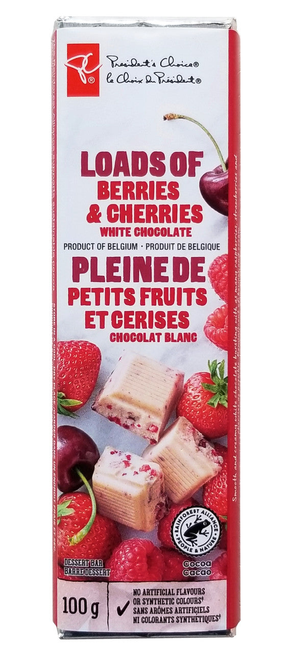 President's Choice Loads of Berries & Cherries White Chocolate Bar, 100g/3.5 oz. (Imported from Canada)