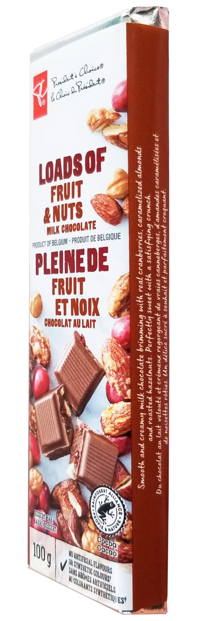 President's Choice Loads of Fruit & Nuts Milk Chocolate Bar, 100g/3.5 oz. (Imported from Canada)