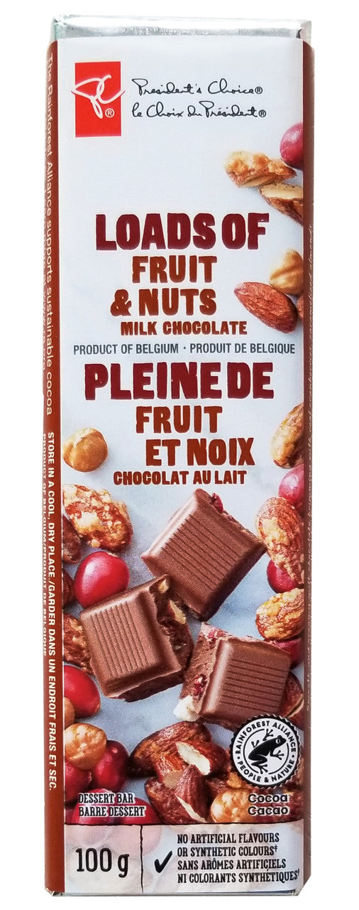 President's Choice Loads of Fruit & Nuts Milk Chocolate Bar, 100g/3.5 oz. (Imported from Canada)