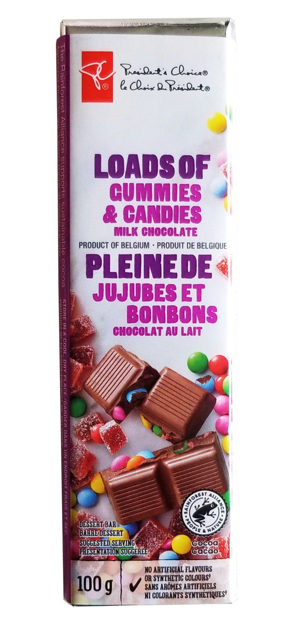 President's Choice Loads of Gummies & Candies Milk Chocolate Bar, 100g/3.5 oz. (Imported from Canada)