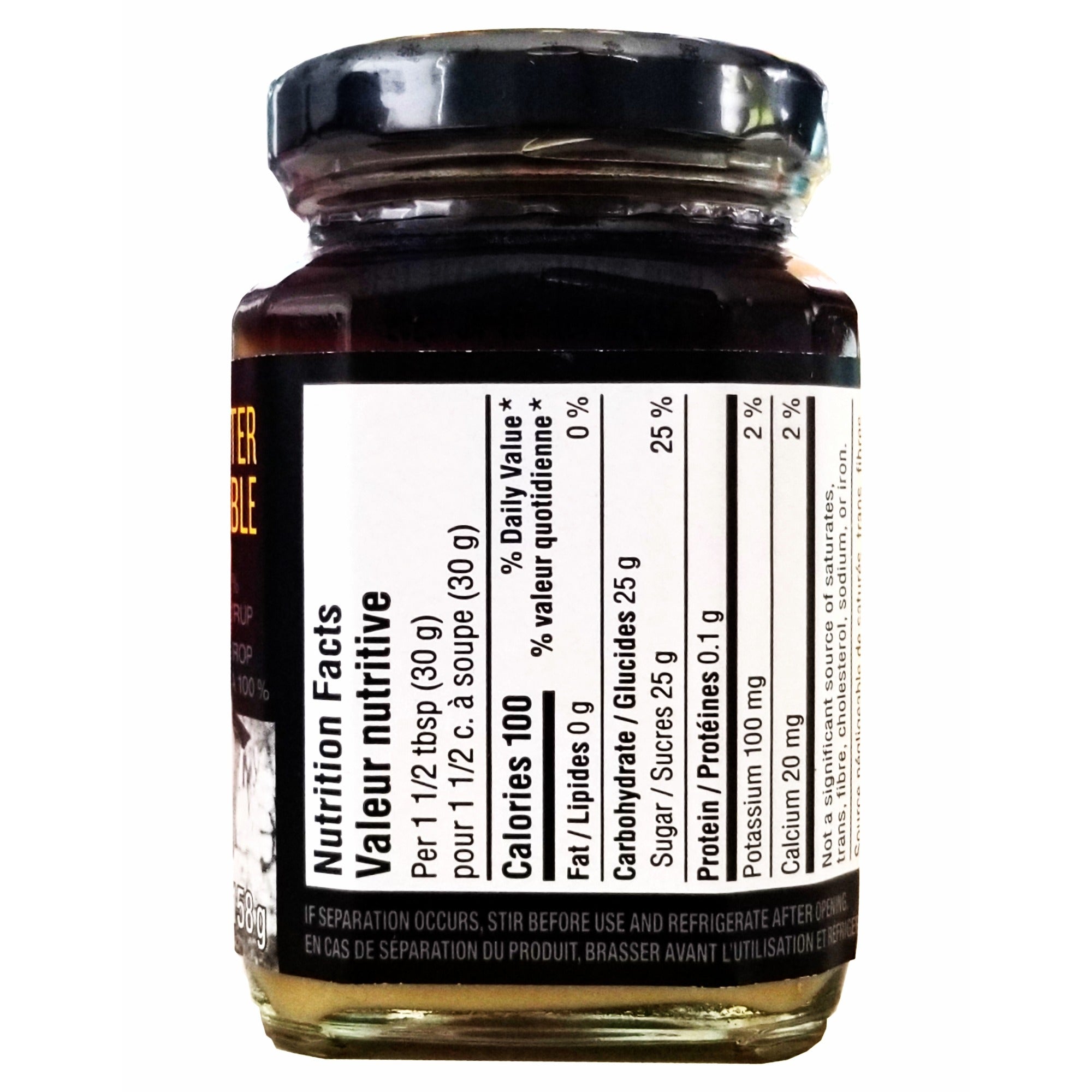 President's Choice Maple Butter Spread jar with bilingual nutrition label and refrigeration instructions.