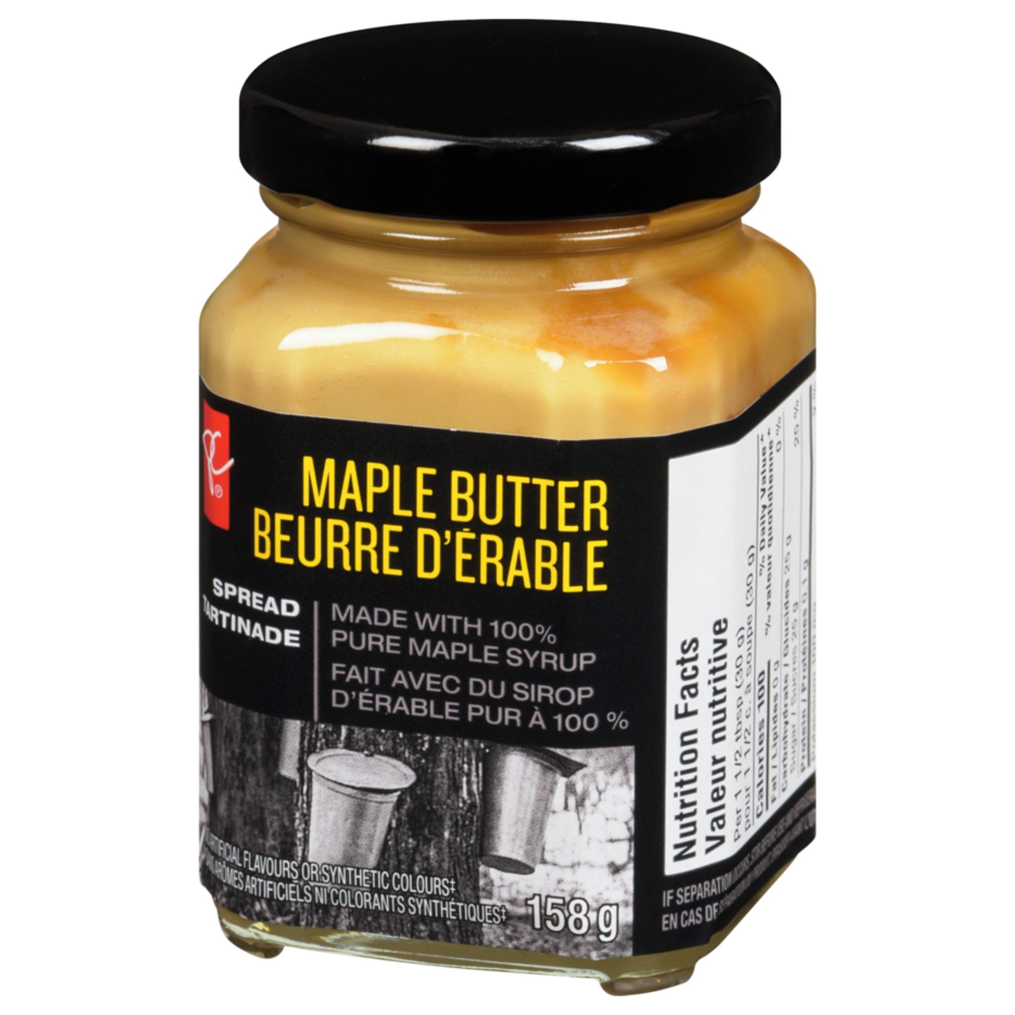 President's Choice Maple Butter Spread 158 g jar showing the front label and side nutrition panel.