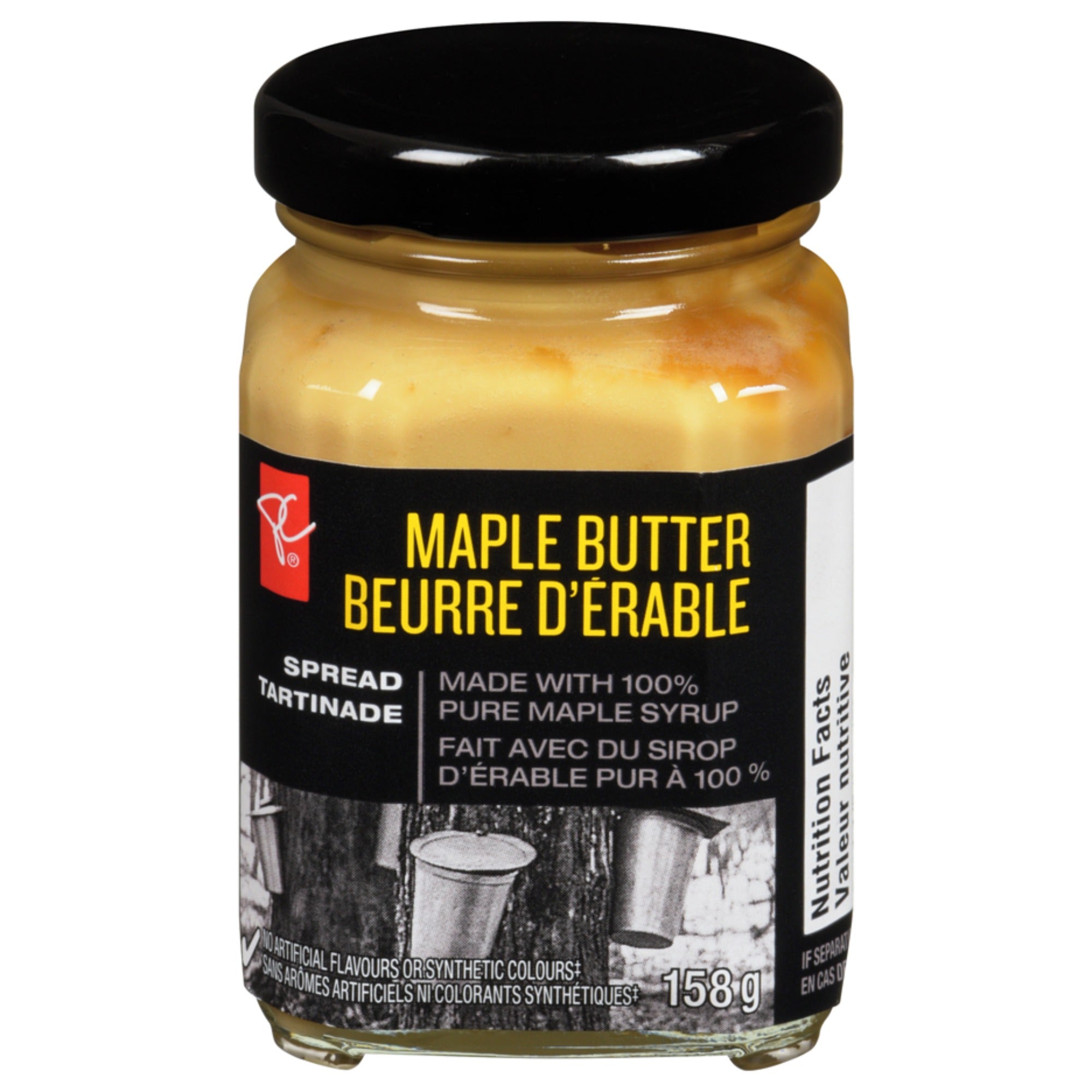 President's Choice Maple Butter Spread 158 g jar with black lid and bilingual front label.