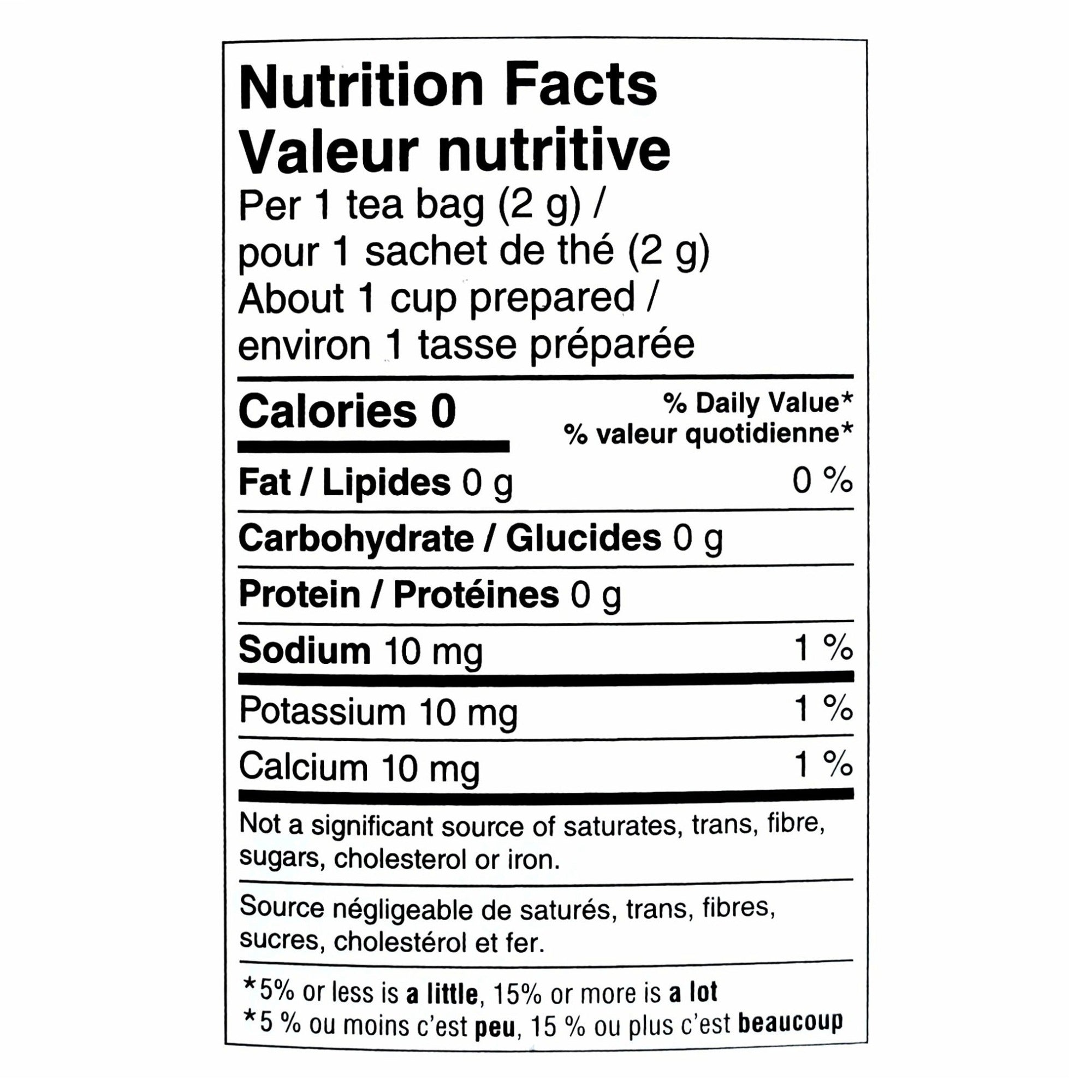 Nutrition facts label of President's Choice Maple Rooibos Tea.