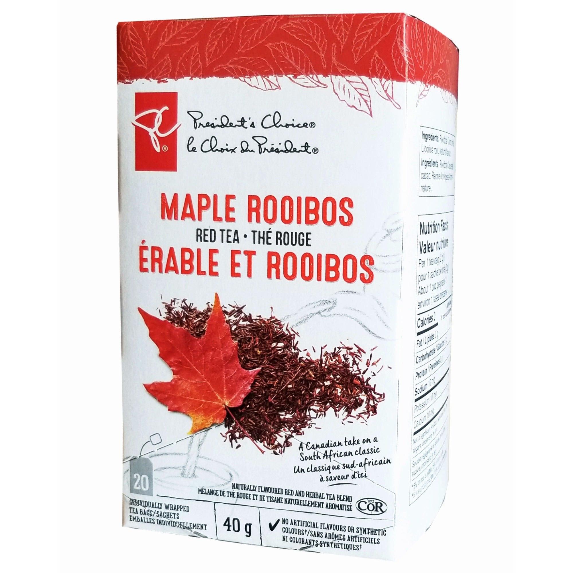 Angle view of a President's Choice Maple Rooibos tea package.