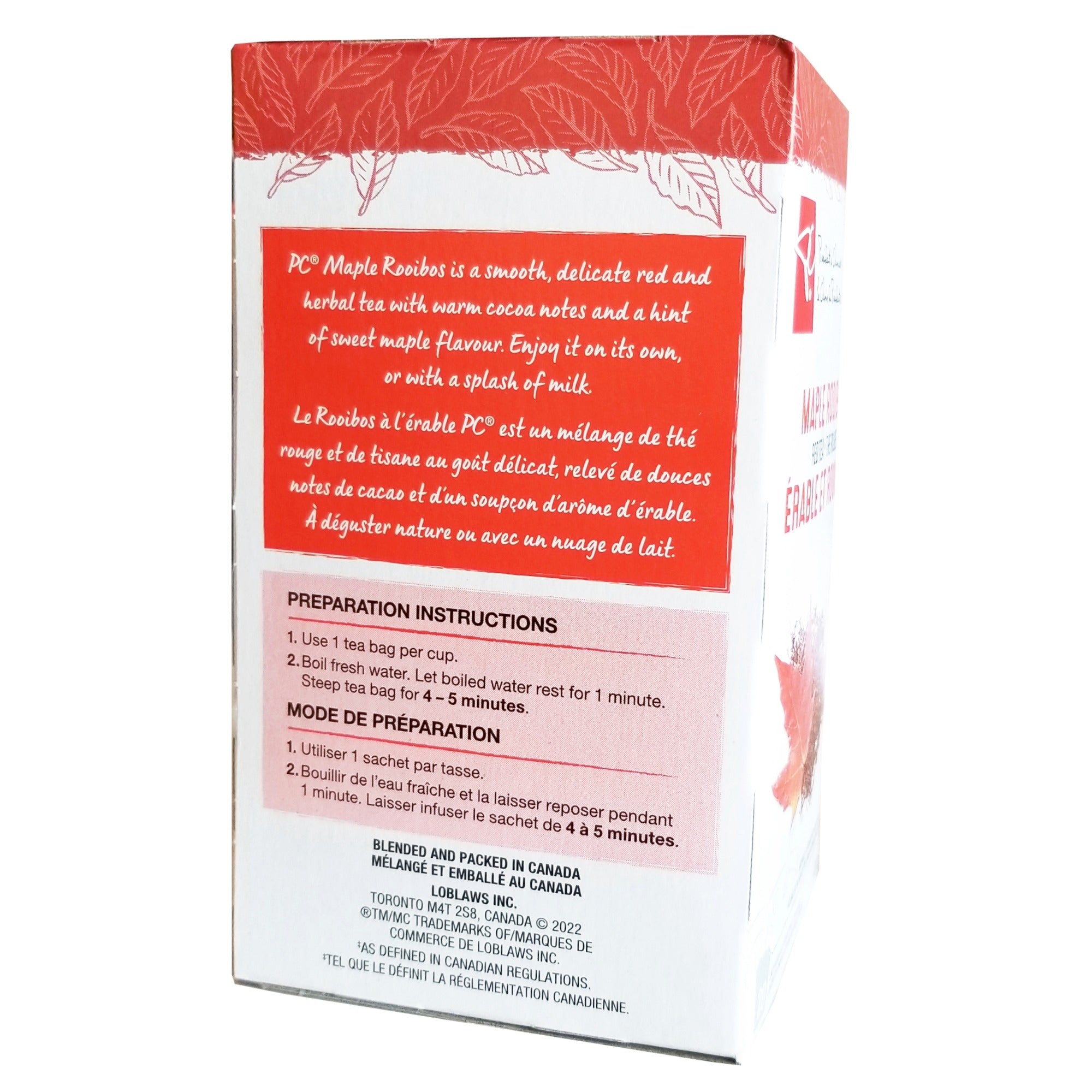 Back side of a President's Choice Maple Rooibos Tea package.