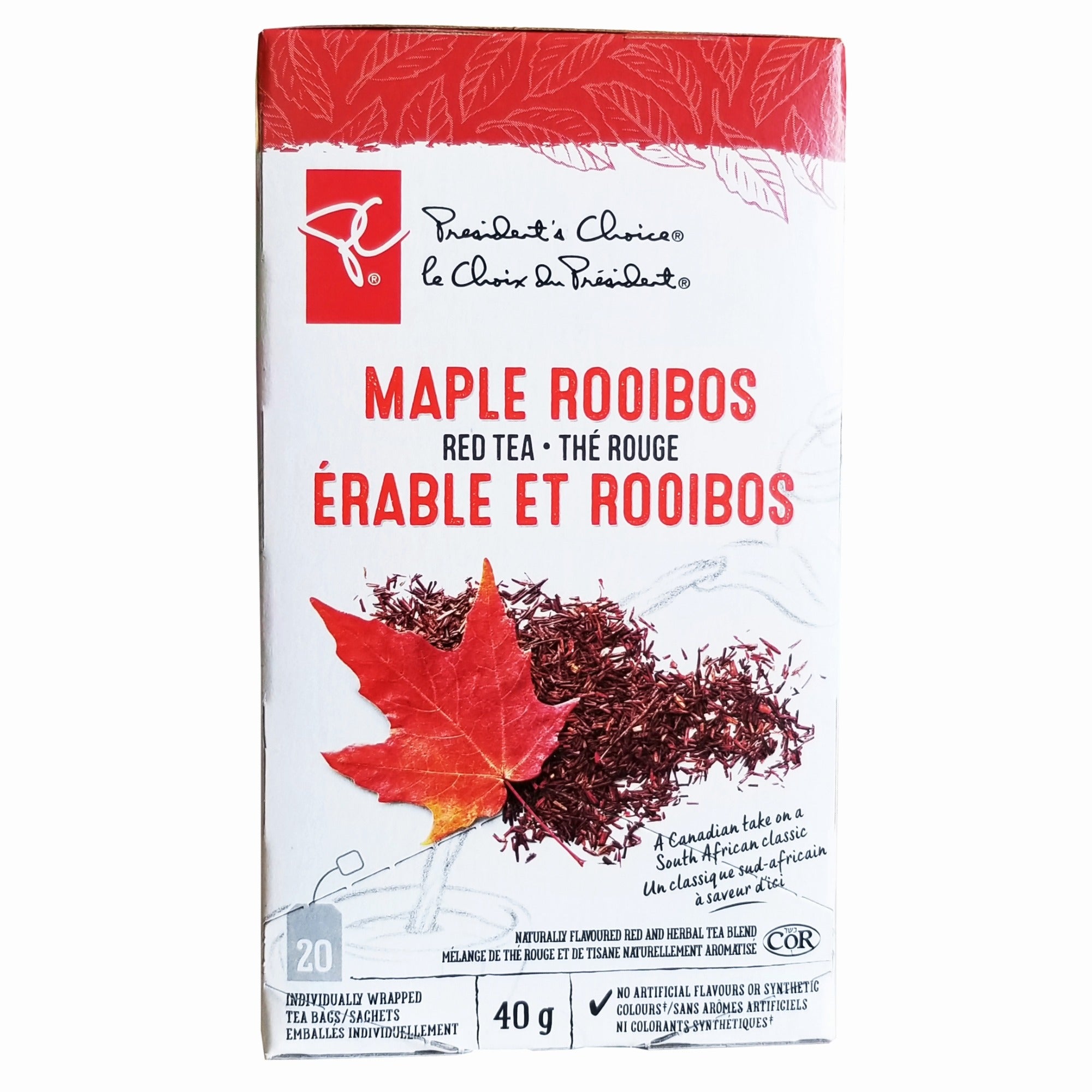 Front of a President's Choice Maple Rooibos Tea package.