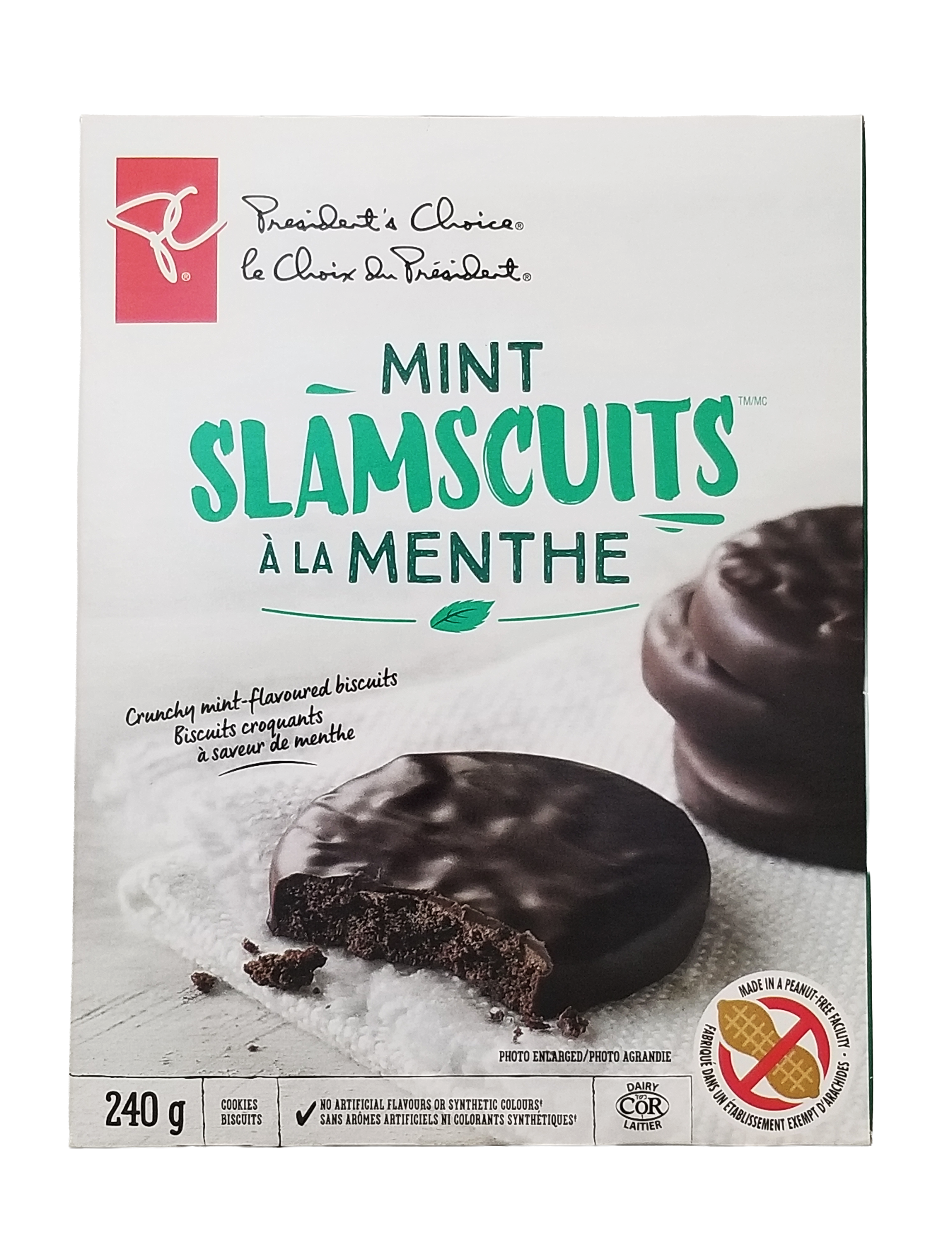 Box of Mint Slamscuits with a chocolate cookie on a white background