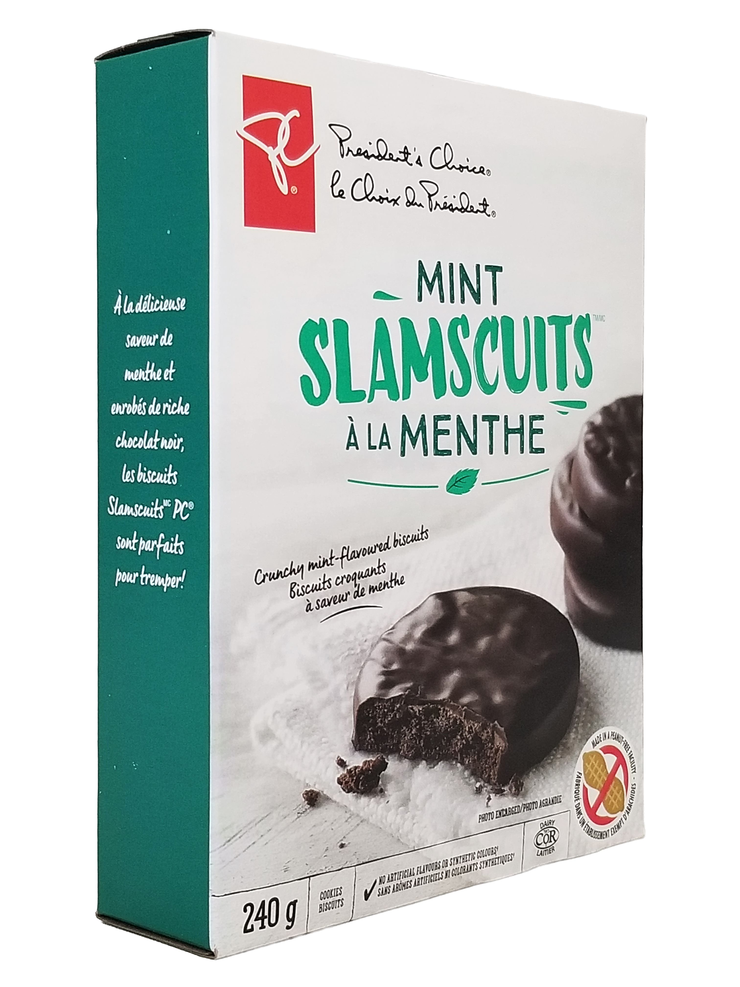 Box of Mint Slamscuits with a chocolate cookie on a white background