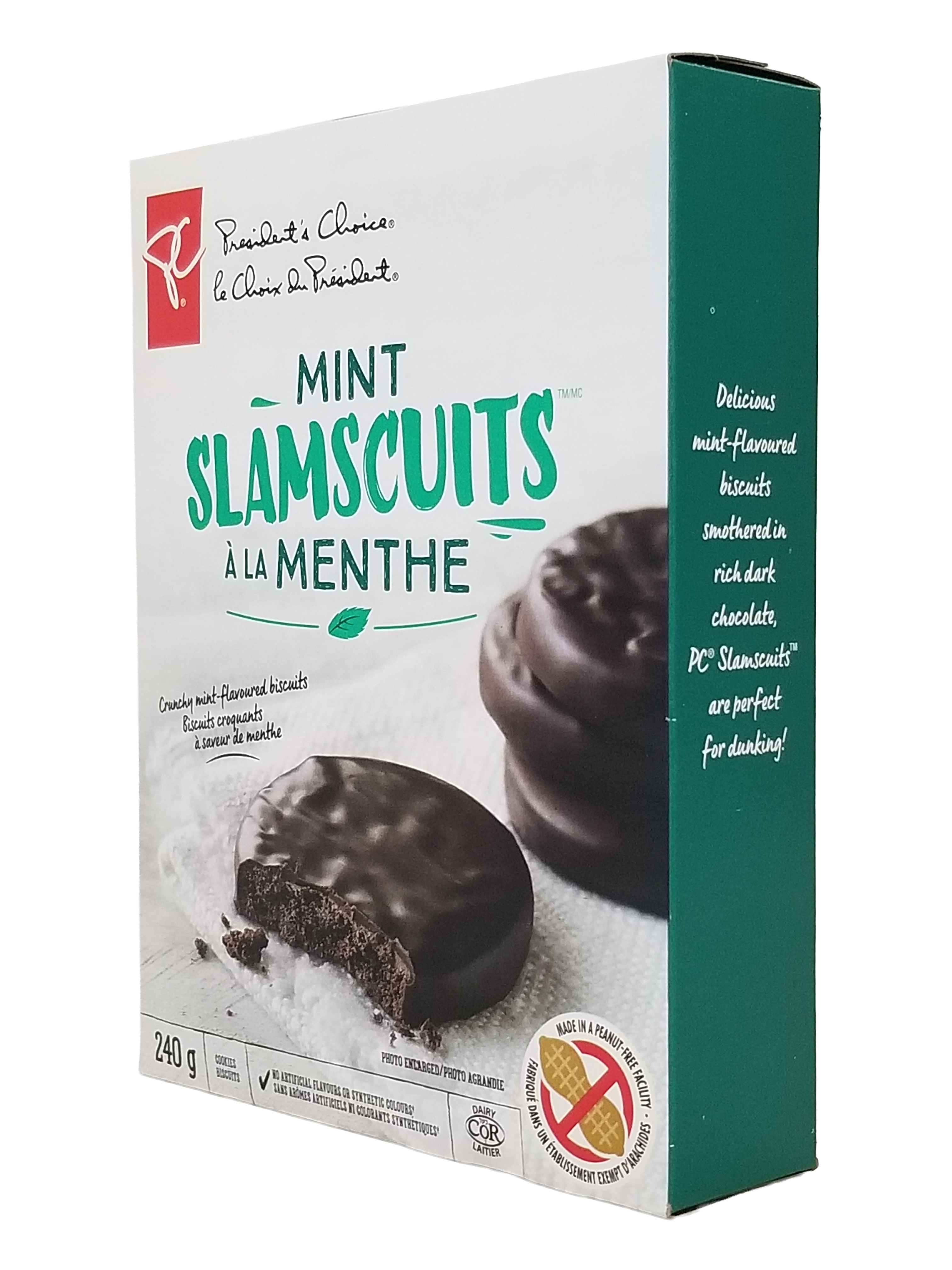 Box of Mint Slâmscuits with a chocolate cookie on a white background