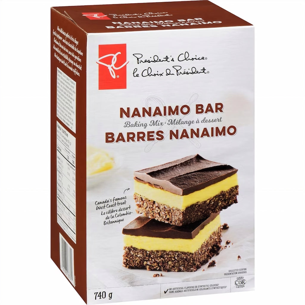 Box of Nanaimo Bar baking mix with chocolate and yellow layers on a white background