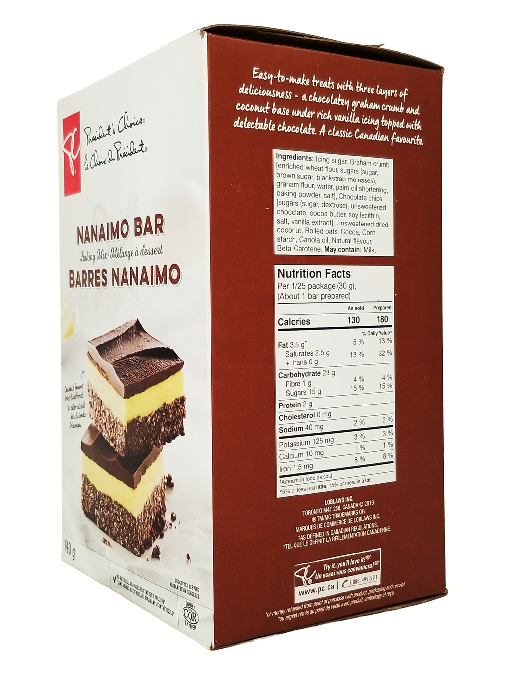 Box of Nanaimo Bar with a slice of the dessert on a white background