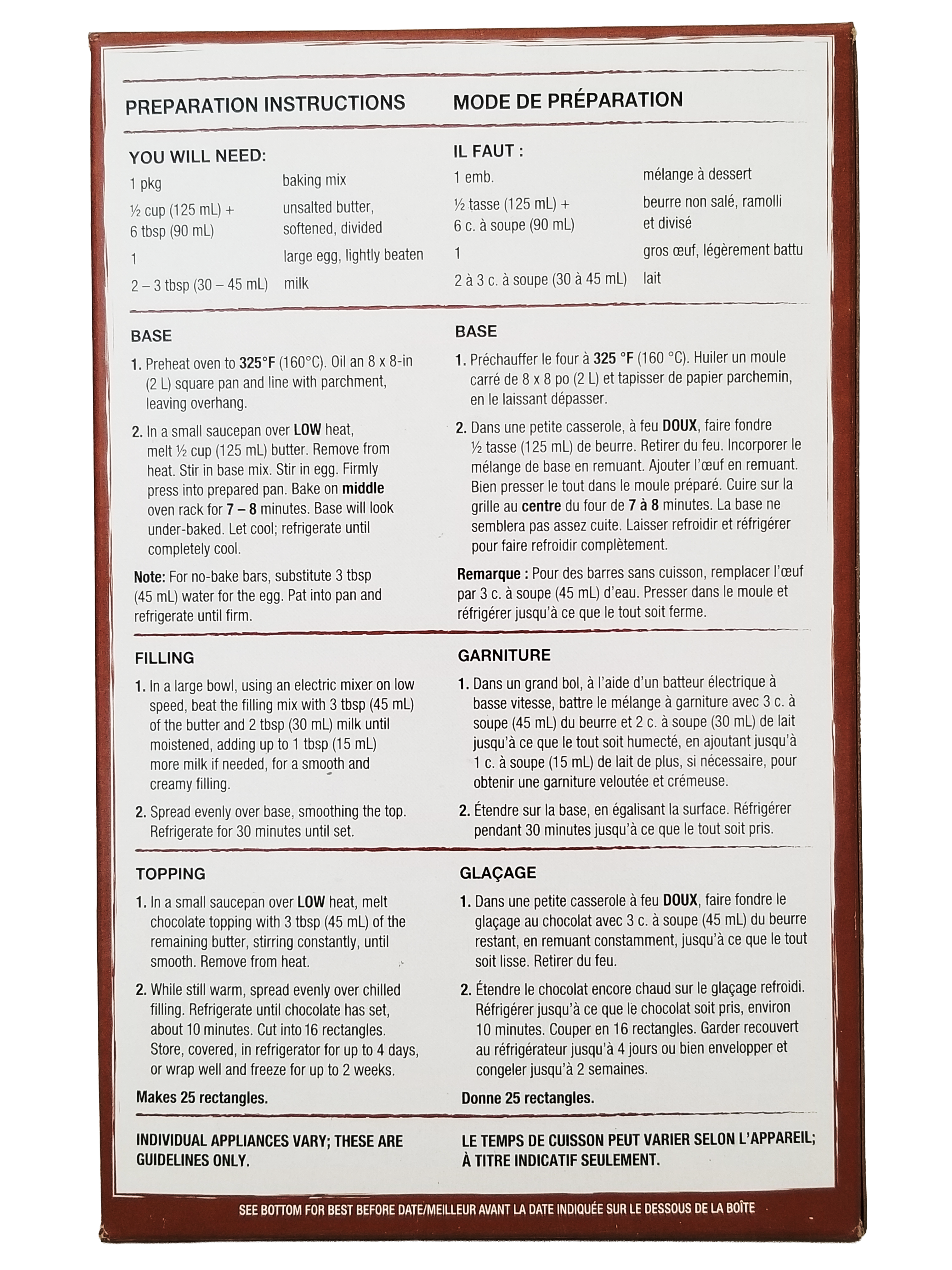 Preparation instructions for President's Choice Nanaimo Bar Baking Mix on a white background