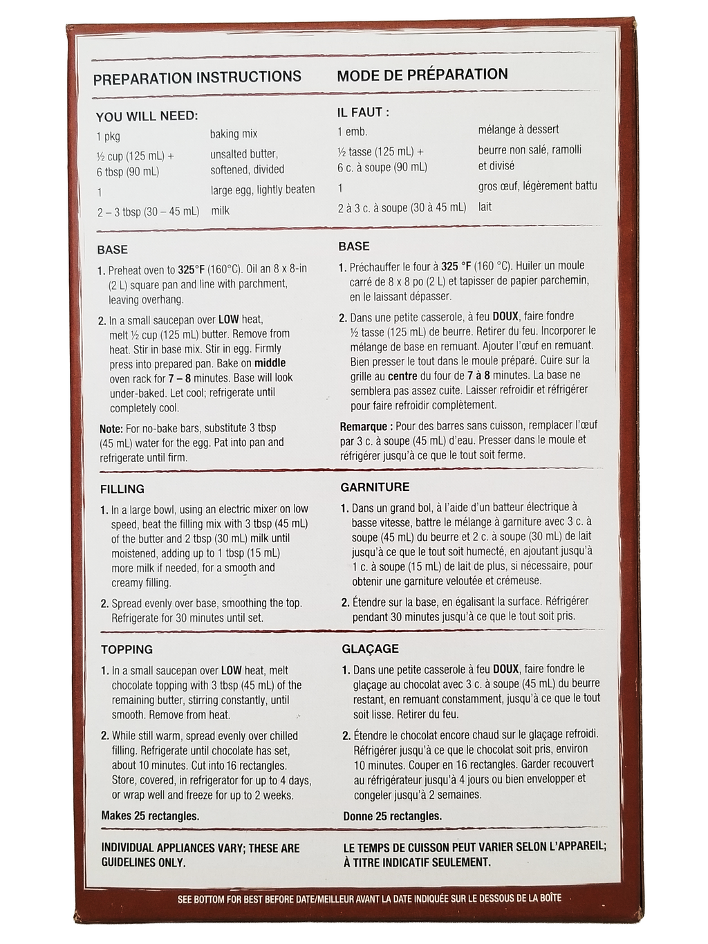 Preparation instructions for President's Choice Nanaimo Bar Baking Mix on a white background
