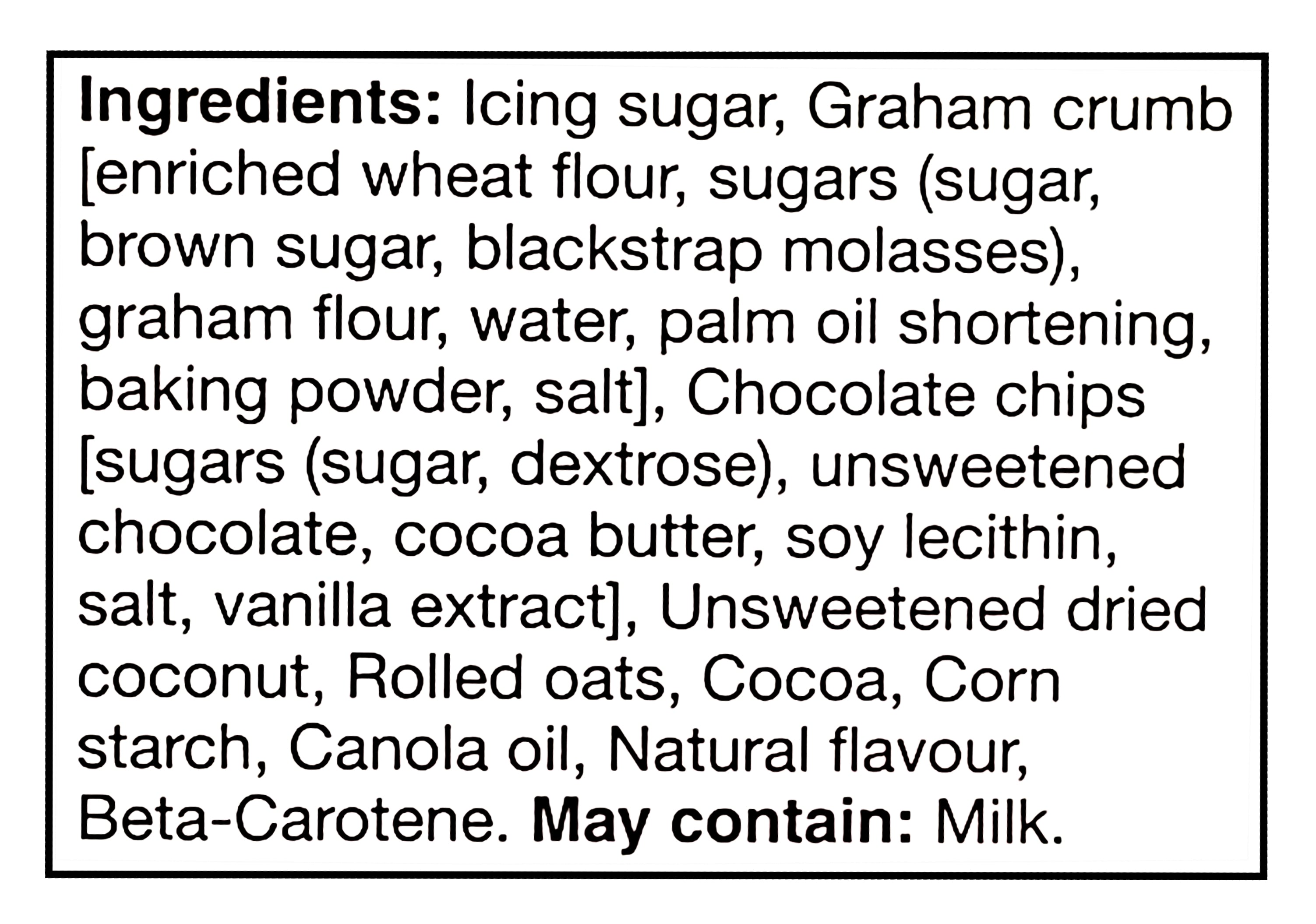 List of ingredients for President's Choice Nanaimo Bar Baking Mix with a black border