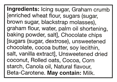 List of ingredients for President's Choice Nanaimo Bar Baking Mix with a black border