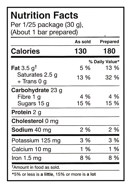 Nutrition facts label for President's Choice Nanaimo Bar Baking Mix