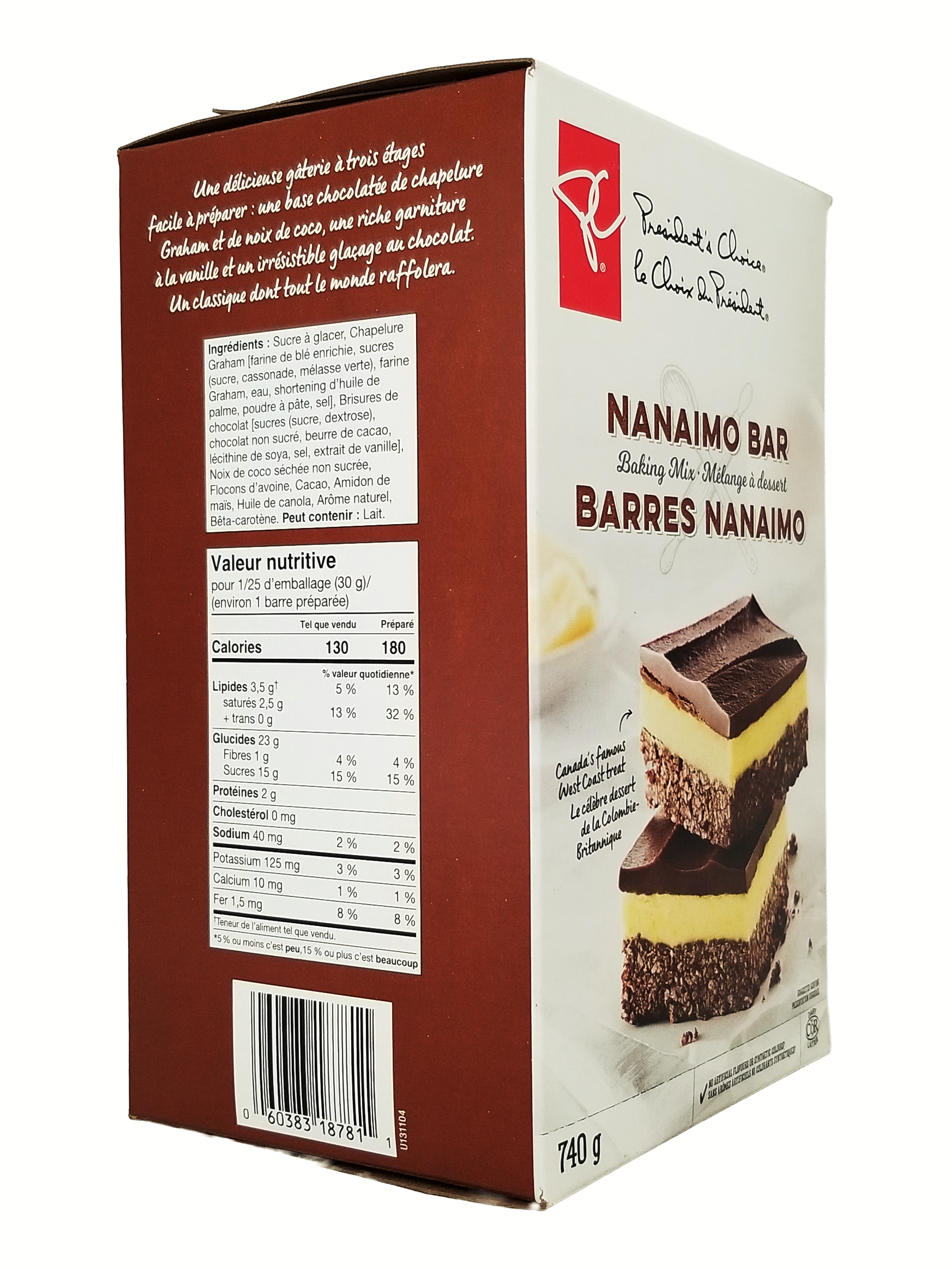 Box of Nanaimo Bar with nutritional information on a white background
