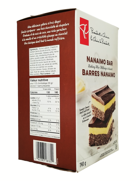 Box of Nanaimo Bar with nutritional information on a white background