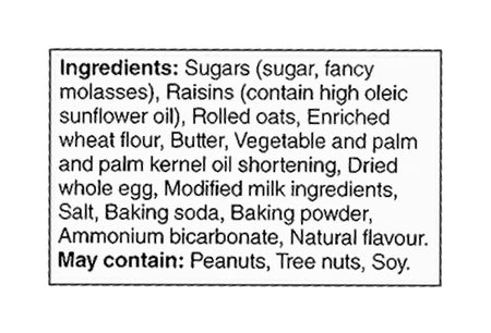 President's Choice Oatmeal Raisin Cookies ingredients — no artificial flavors or colors
