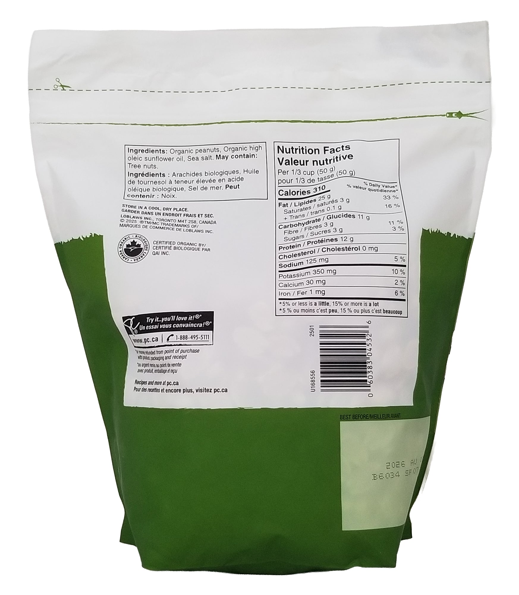 Back view of a green and white package with nutritional information.