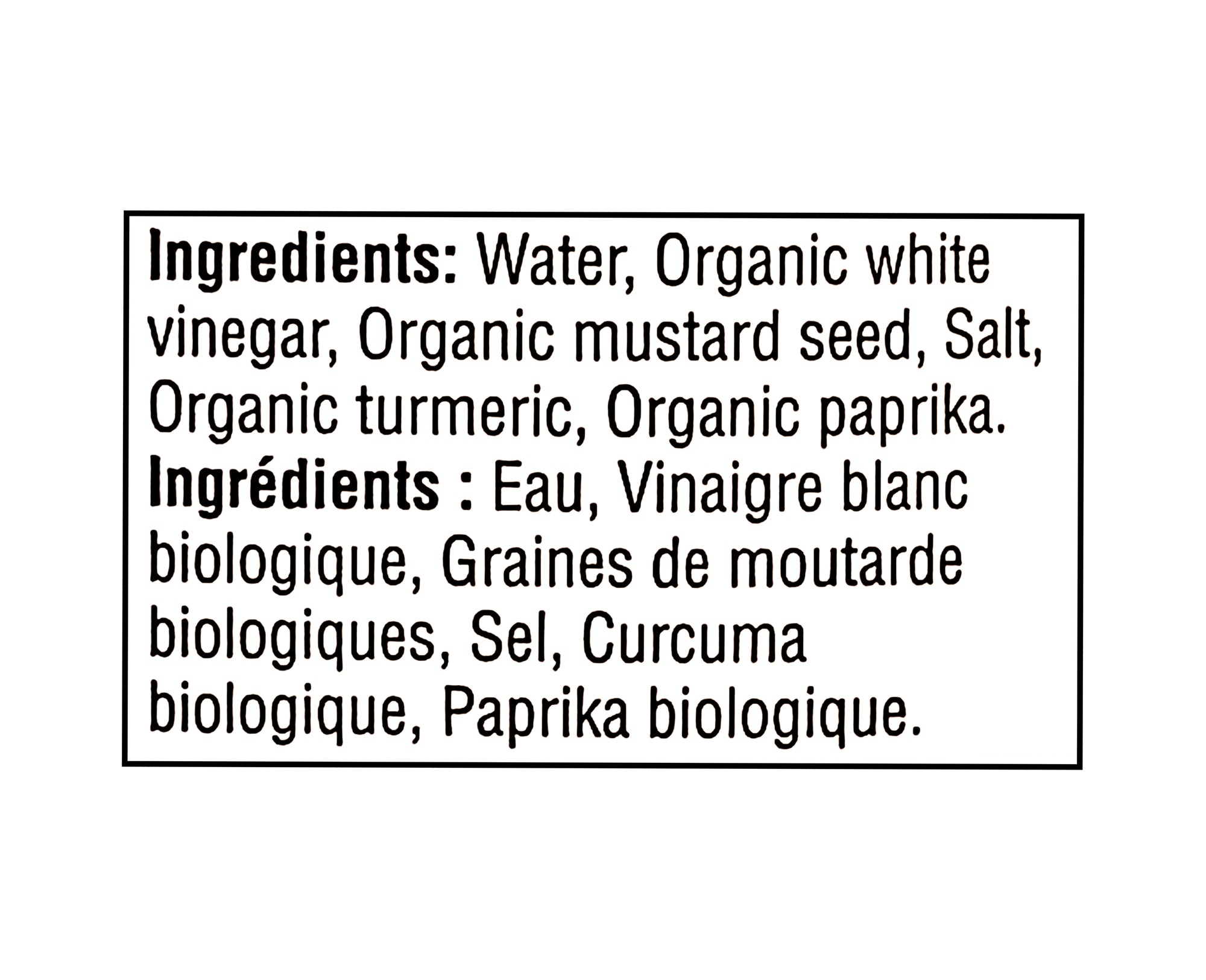 List of ingredients for President's Choice Organic Yellow Mustard 325ml on a white background