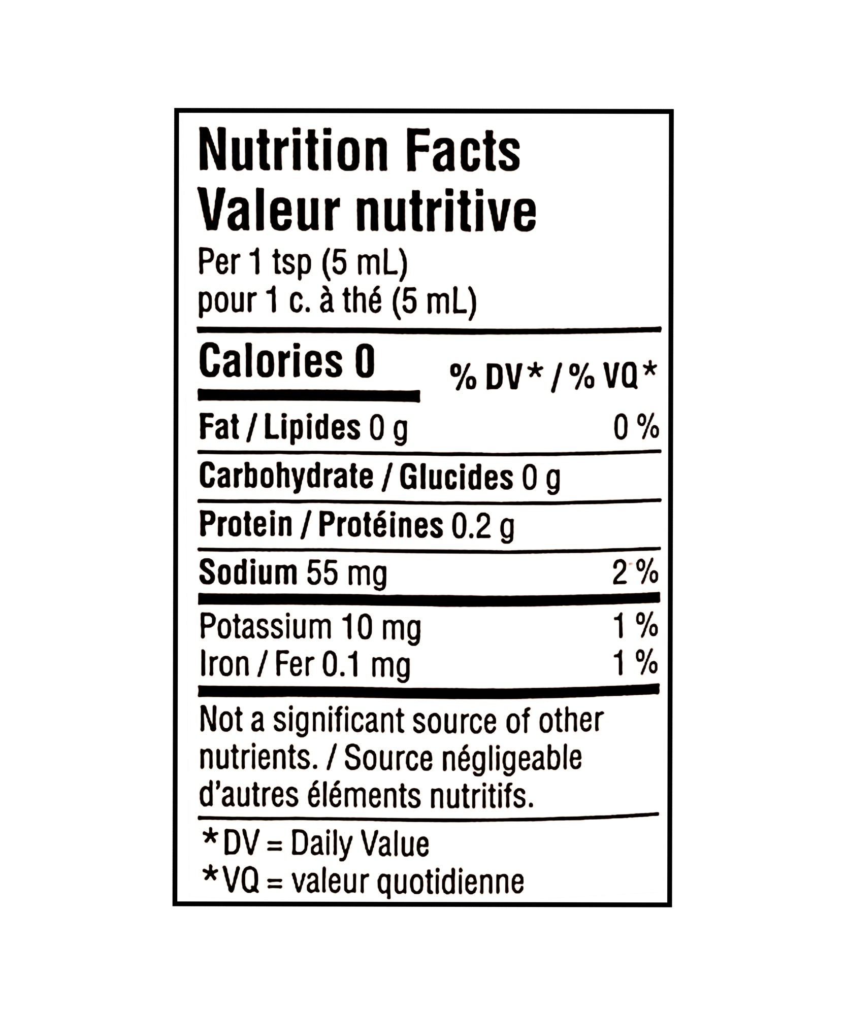Nutrition facts label for President's Choice Organic Yellow Mustard 325ml per 1 tsp (5 mL) on a white background