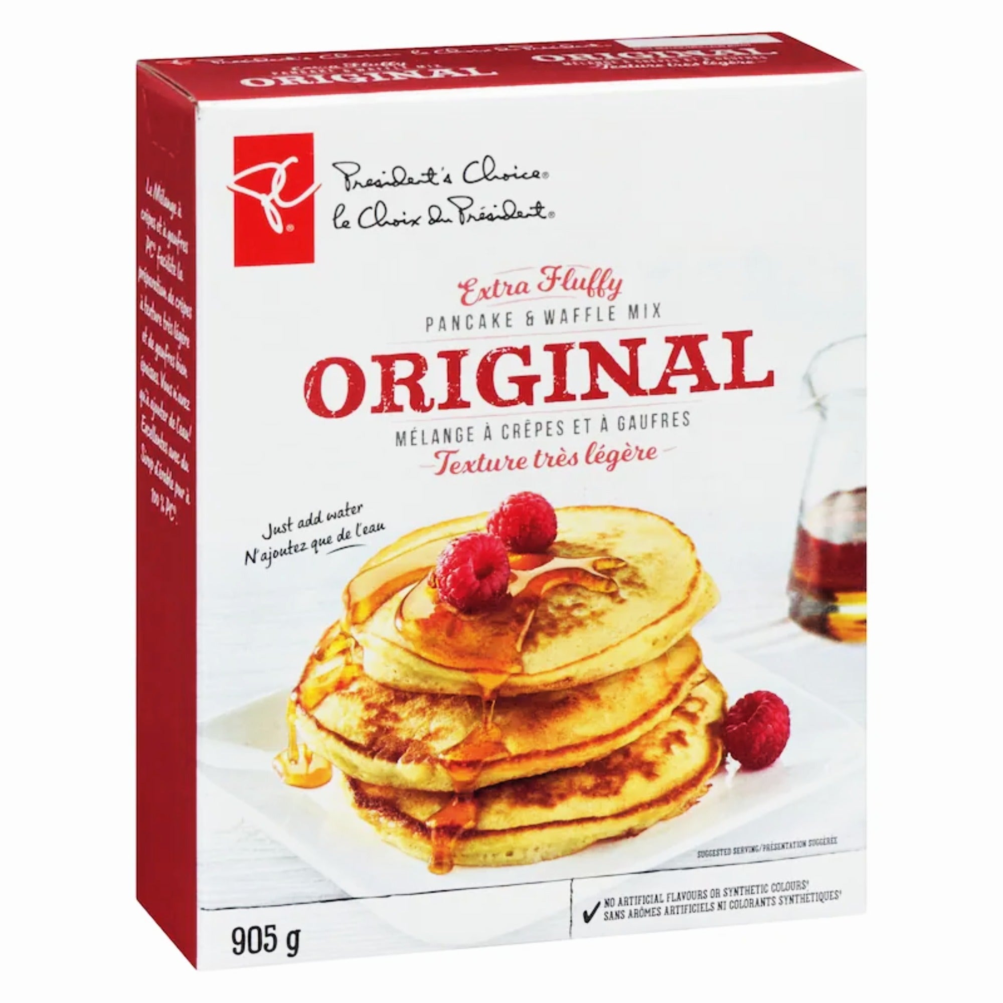President's Choice Extra Fluffy Original Pancake & Waffle Mix, 905 g box, showing front and left side.