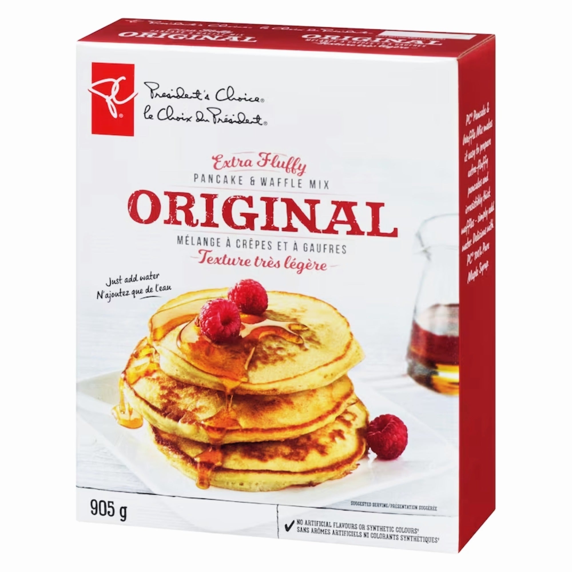 President's Choice Extra Fluffy Original Pancake & Waffle Mix, 905 g box, showing front and right side.
