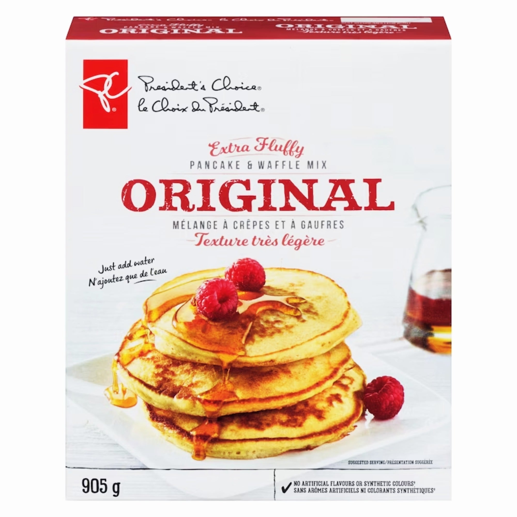 President's Choice Extra Fluffy Original Pancake & Waffle Mix, 905 g box, front with pancakes and raspberries.