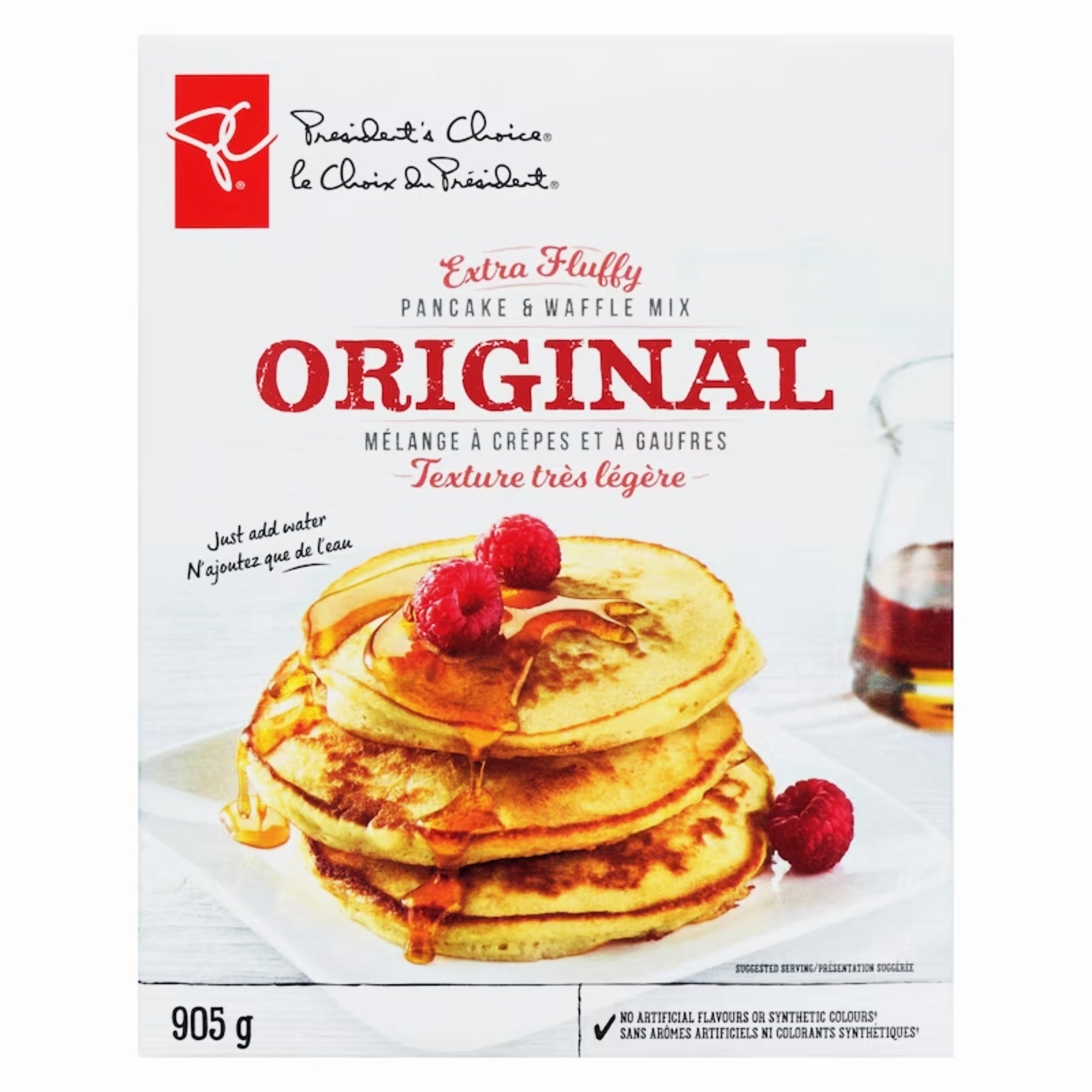 Straight-on front of President's Choice Extra Fluffy Original Pancake & Waffle Mix, 905 g box.