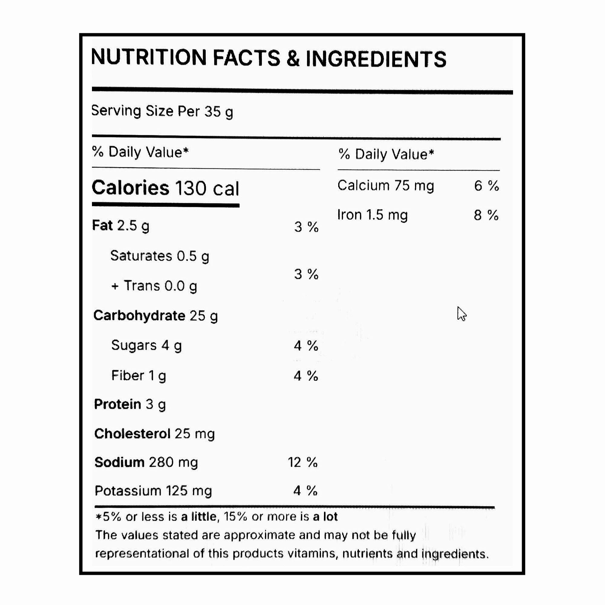 Nutrition information for President's Choice Original Pancake & Waffle Mix, showing 130 calories per 35 g serving.