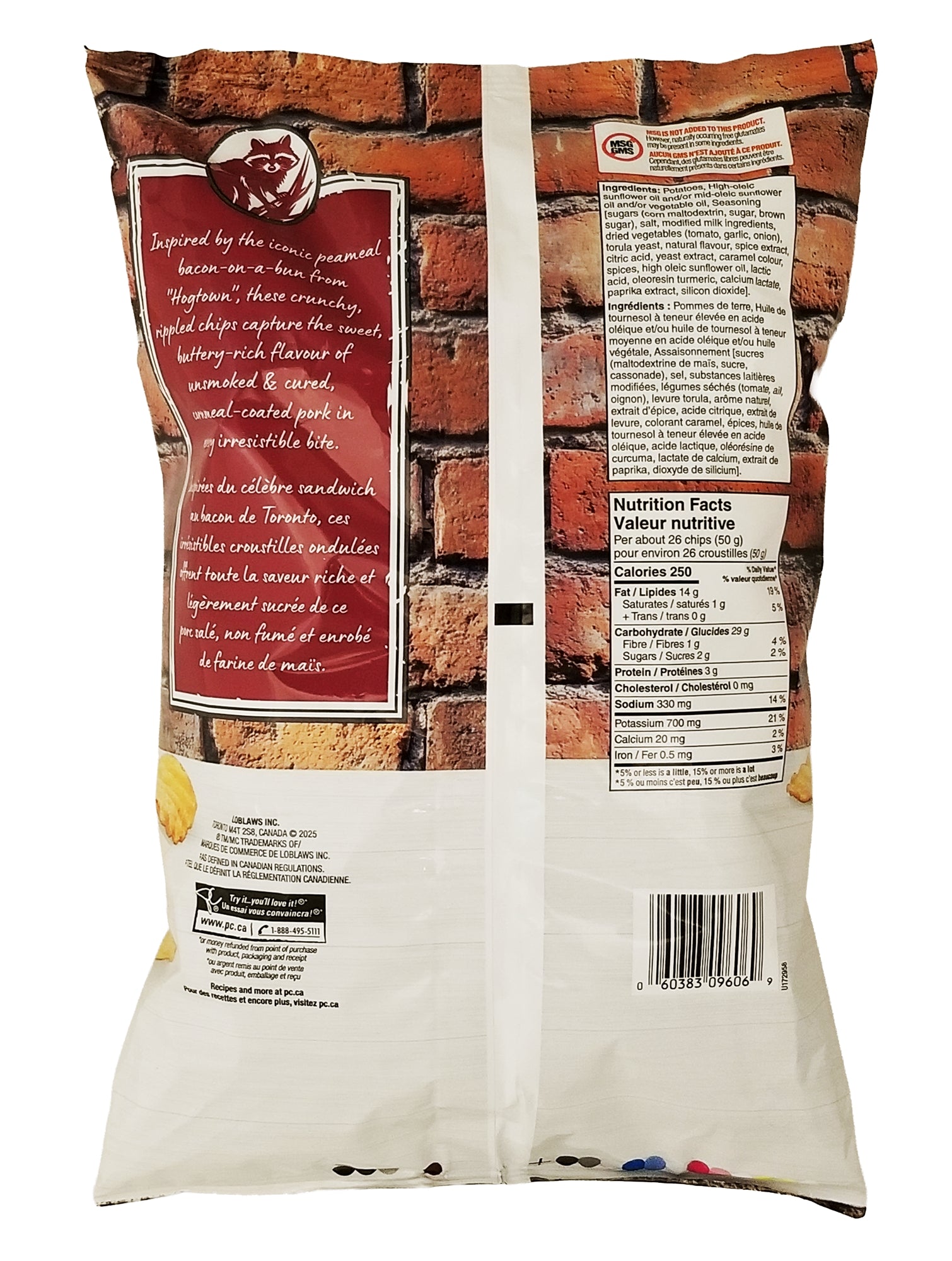 President's Choice Peameal Bacon Sandwich Flavored Potato Chips 200 g back of bag