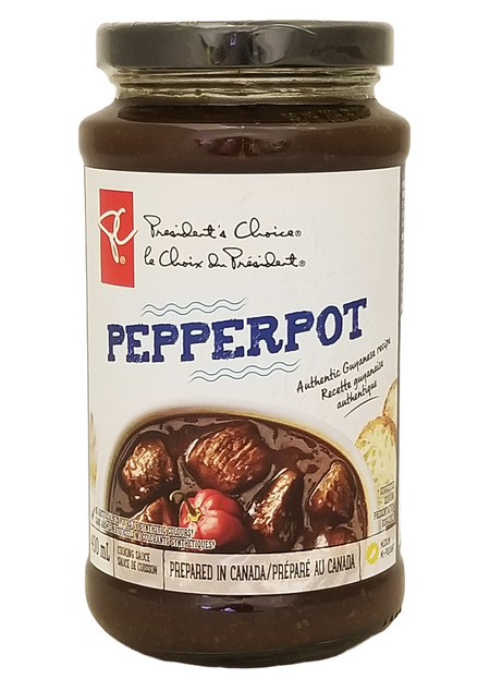 Jar of President's Choice Pepperpot Cooking Sauce on a white background