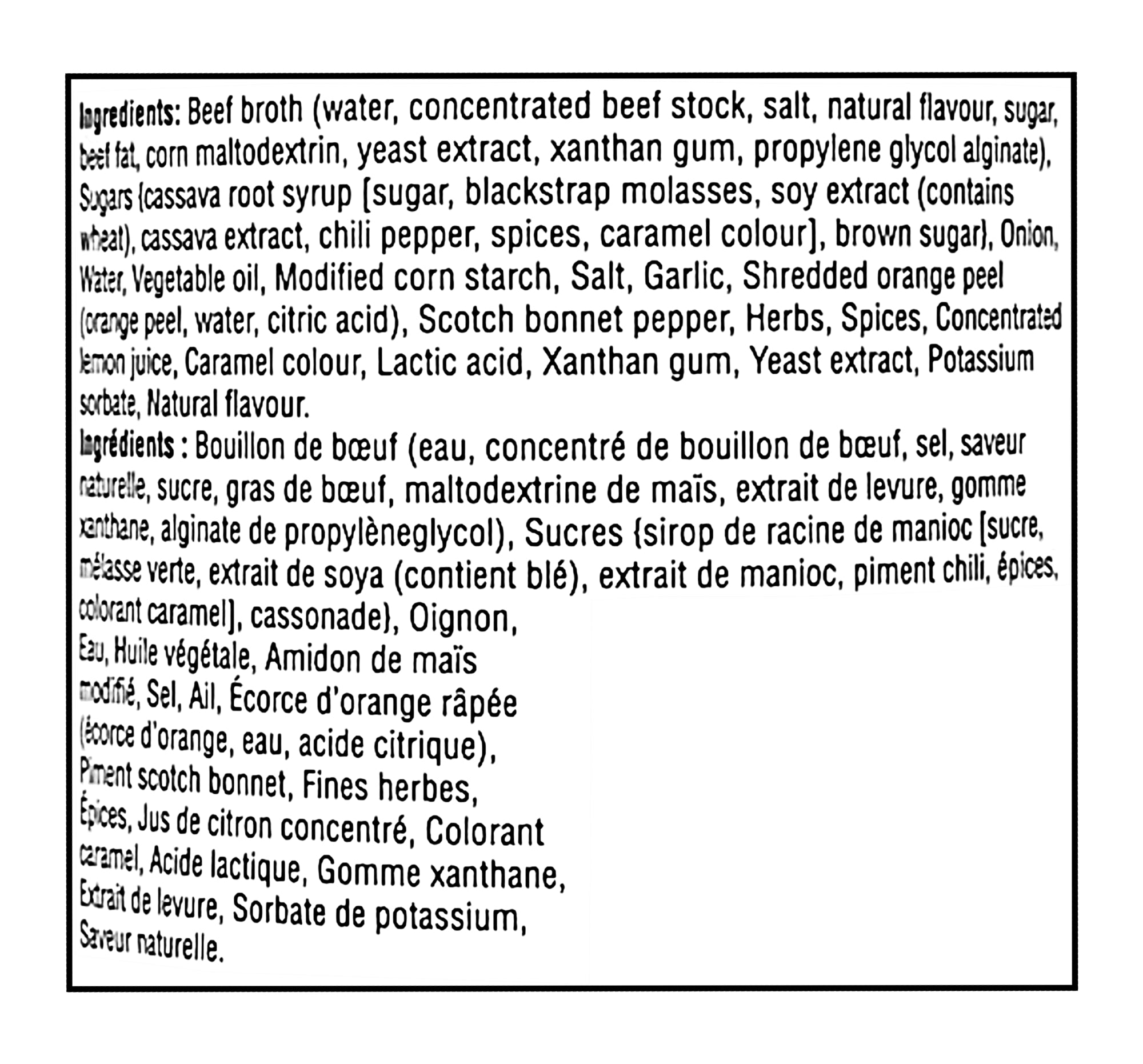 Ingredients list for President's Choice Pepperpot Cooking Sauce on a white background