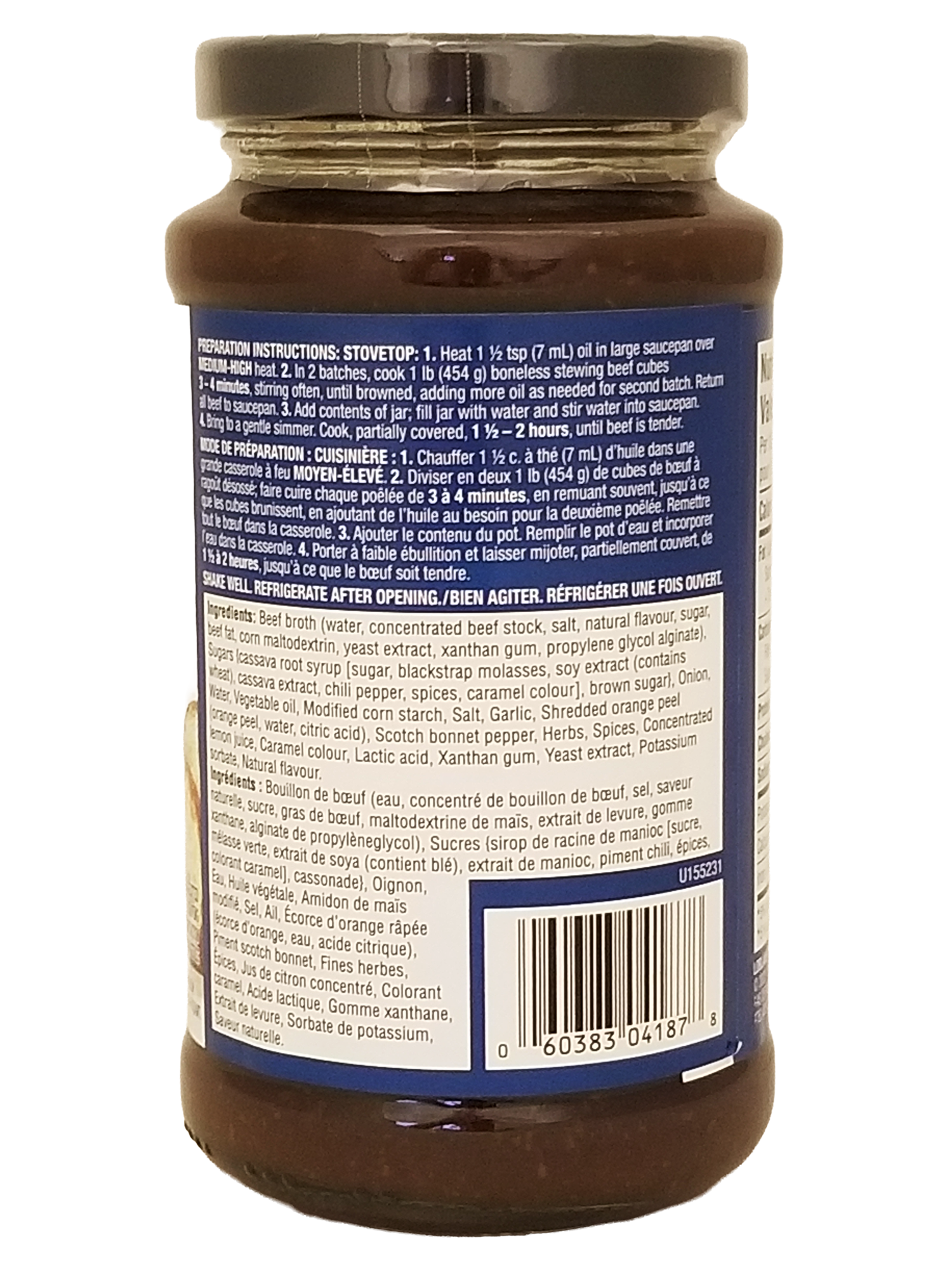 Side of a President's Choice Pepperpot Cooking Sauce jar on a white background