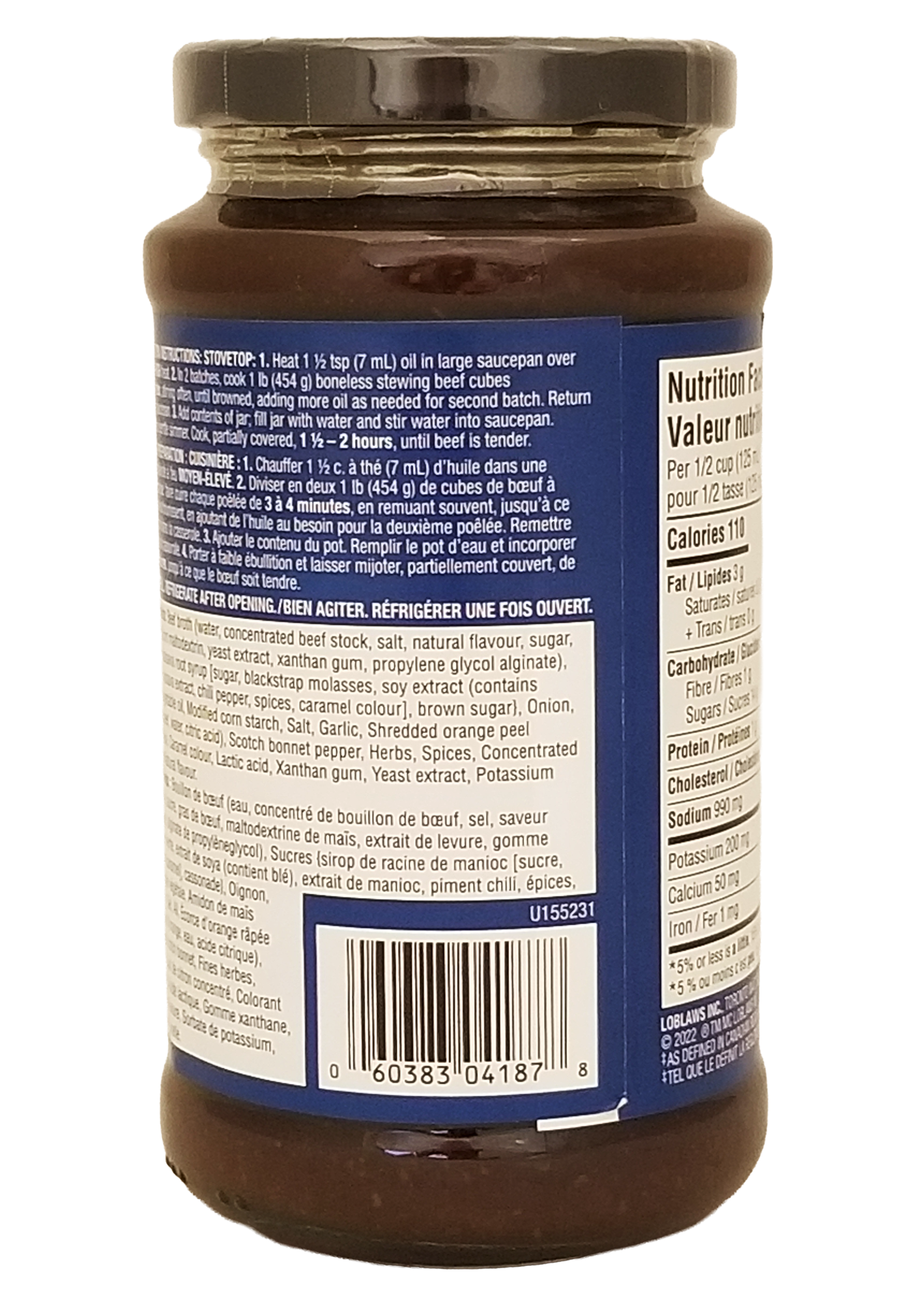 Back of a President's Choice Pepperpot Cooking Sauce jar on a white background