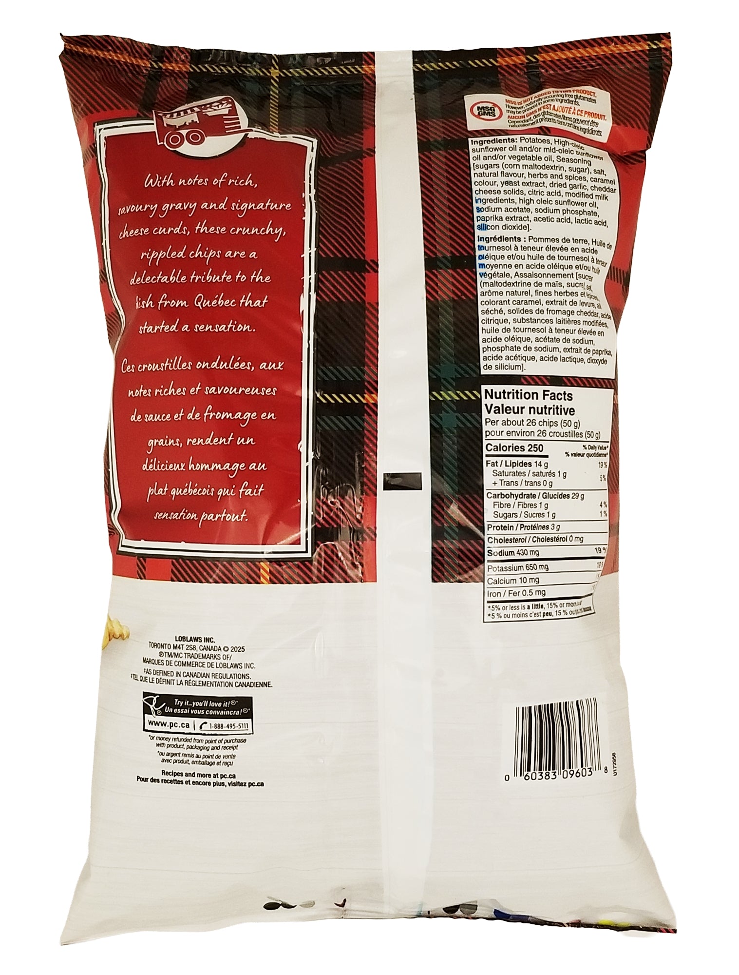 President's Choice Poutine Flavored Potato Chips 200 g back of bag