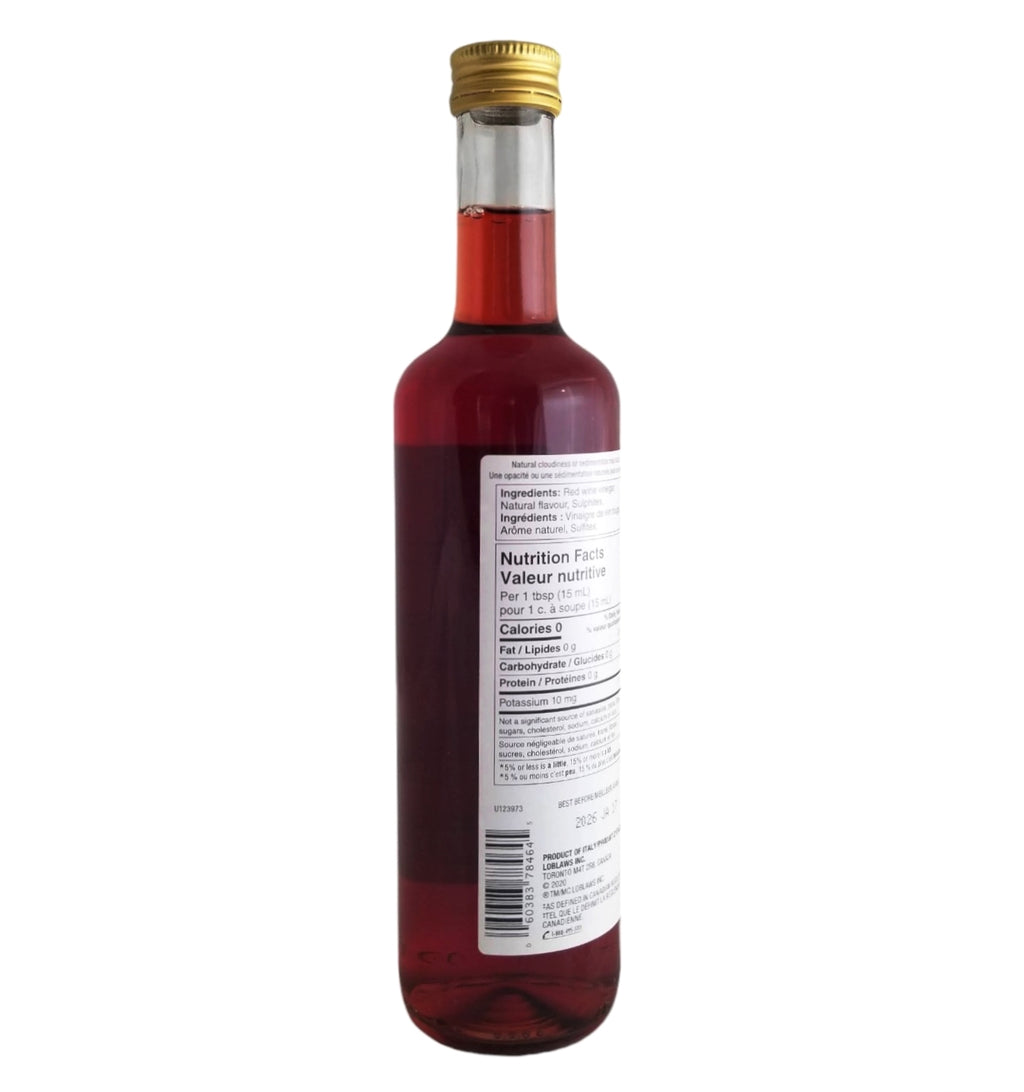 President's Choice Raspberry Flavored Red Wine Vinegar back of Bottle