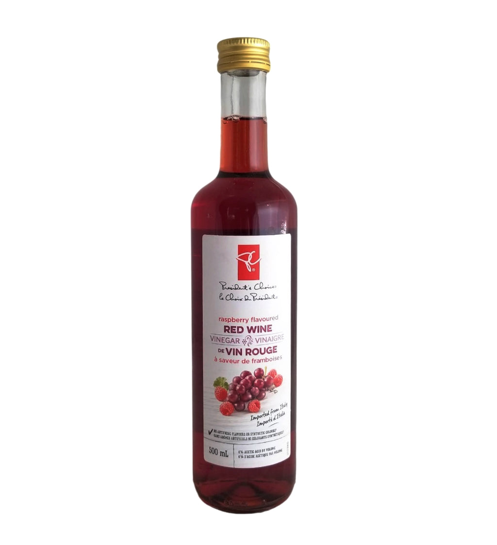 President's Choice Raspberry Flavored Red Wine Vinegar Front of Bottle