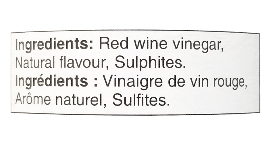 President's Choice Raspberry Flavored Red Wine Vinegar Ingredients Label