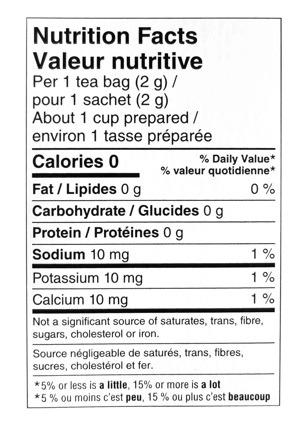 President's Choice rooibos red tea nutrition facts label
