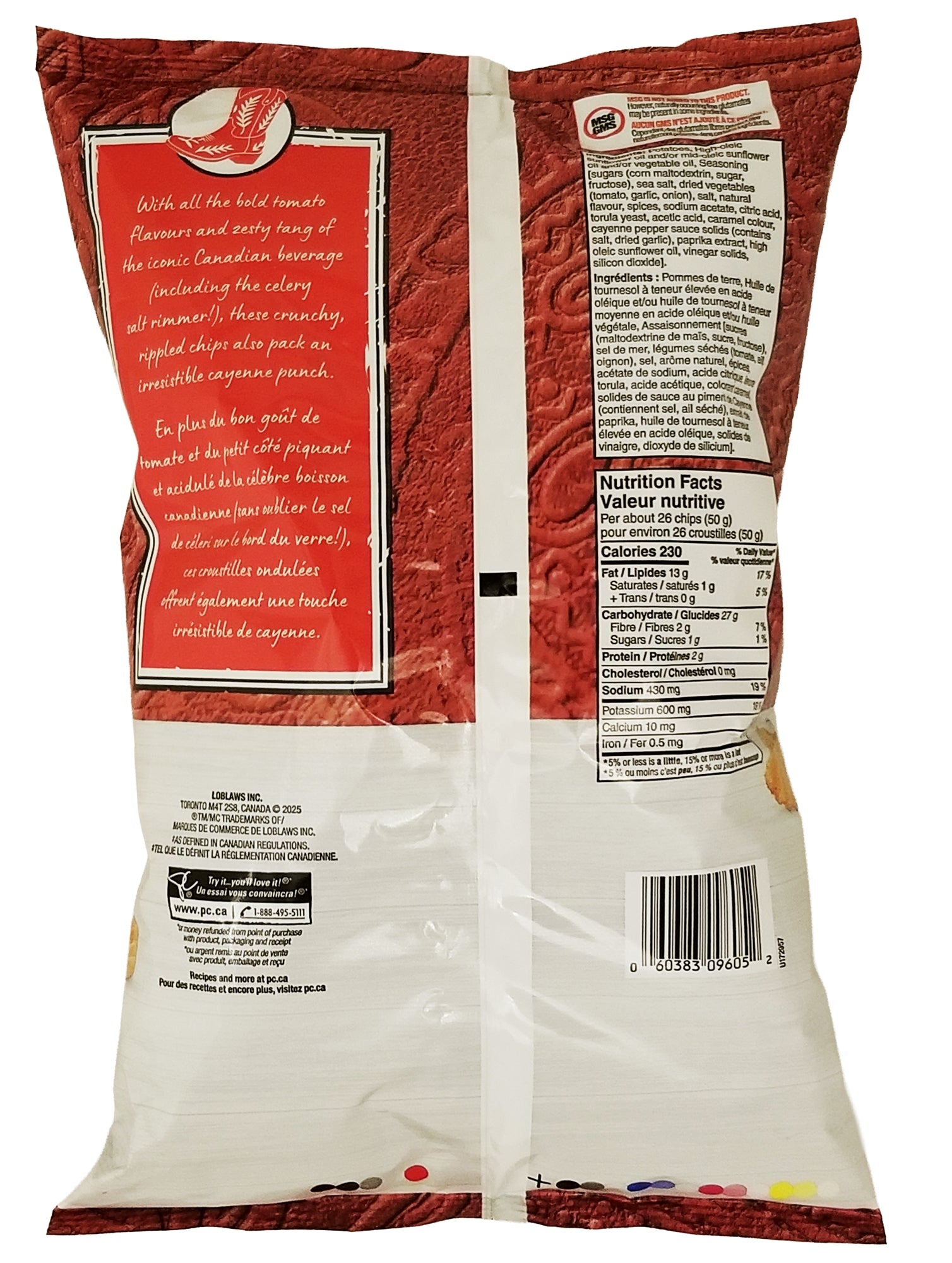 President's Choice Spicy Caesar Flavored Potato Chips 200 g back of bag