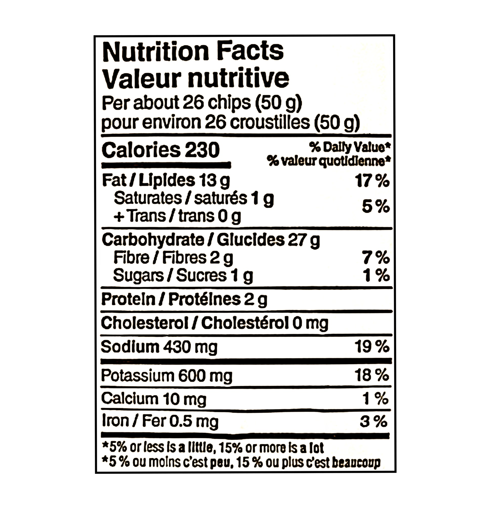 President's Choice Spicy Caesar Flavored Potato Chips 200 g nutrition facts panel
