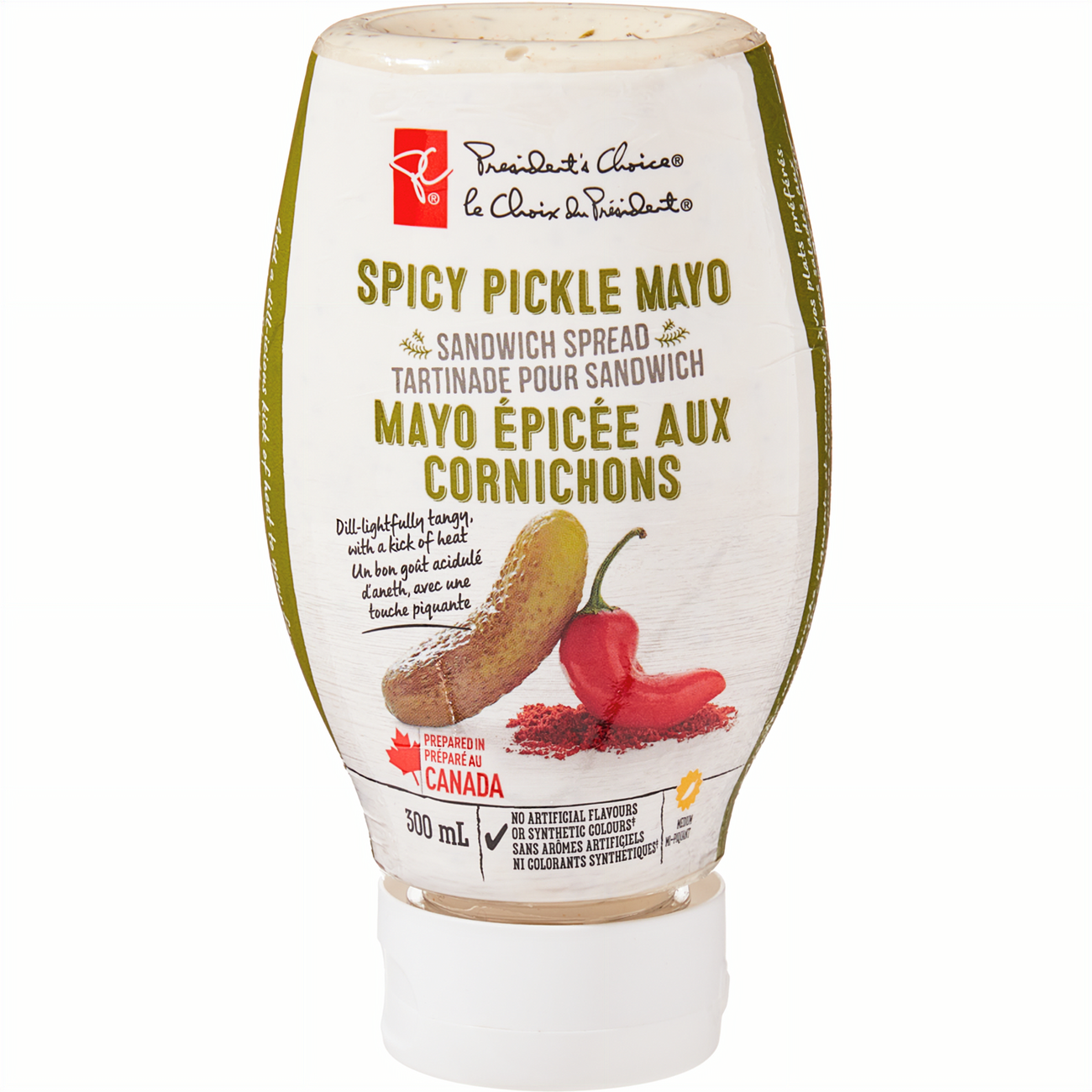 Front of President's Choice Spicy Pickle Mayo Sandwich Spread, 300ml/10.1 fl. oz with label on a white background.