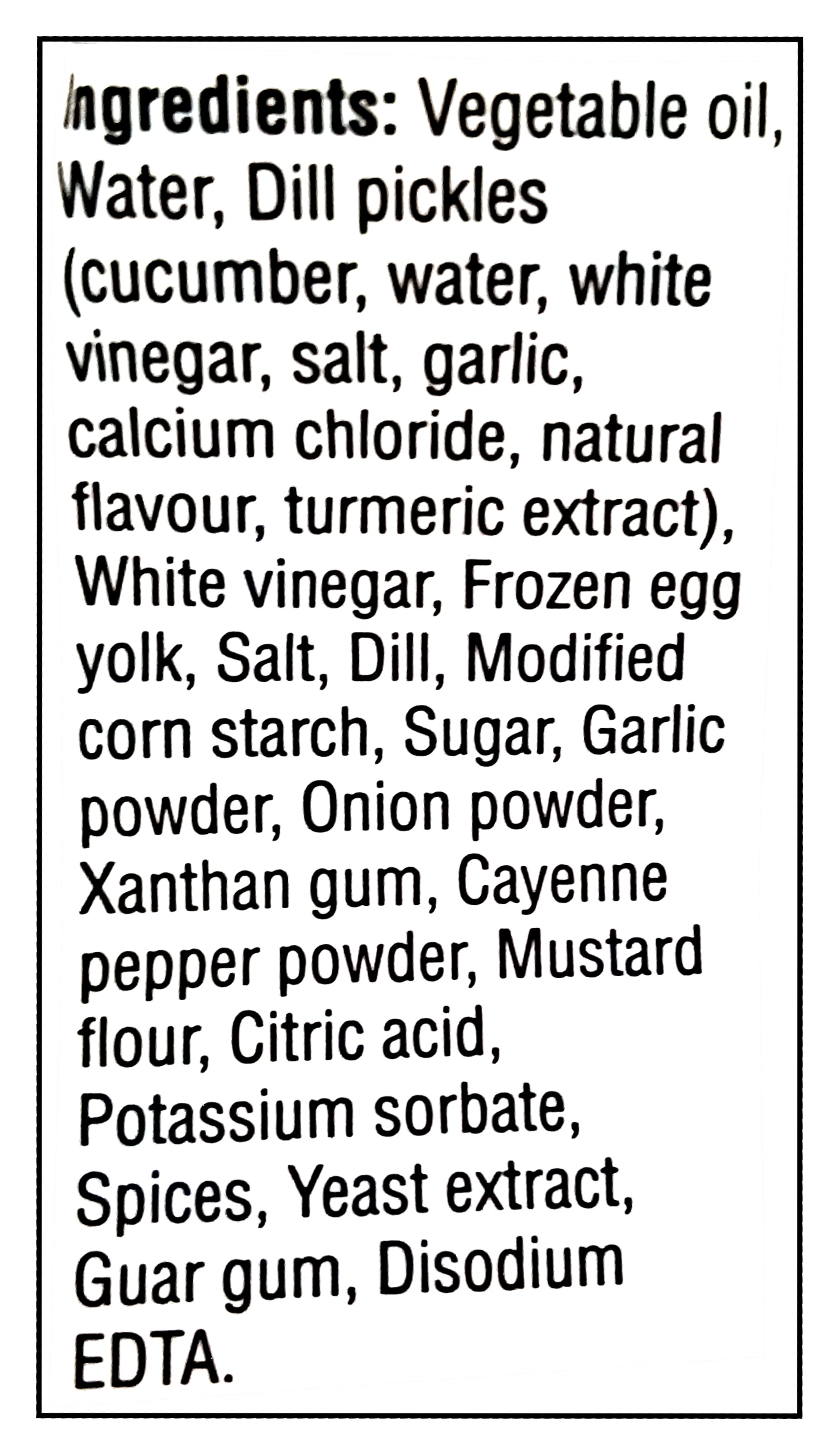 List of ingredients for President's Choice Spicy Pickle Mayo Sandwich Spread, 300ml/10.1 fl. oz with label on a white background. on a white background.