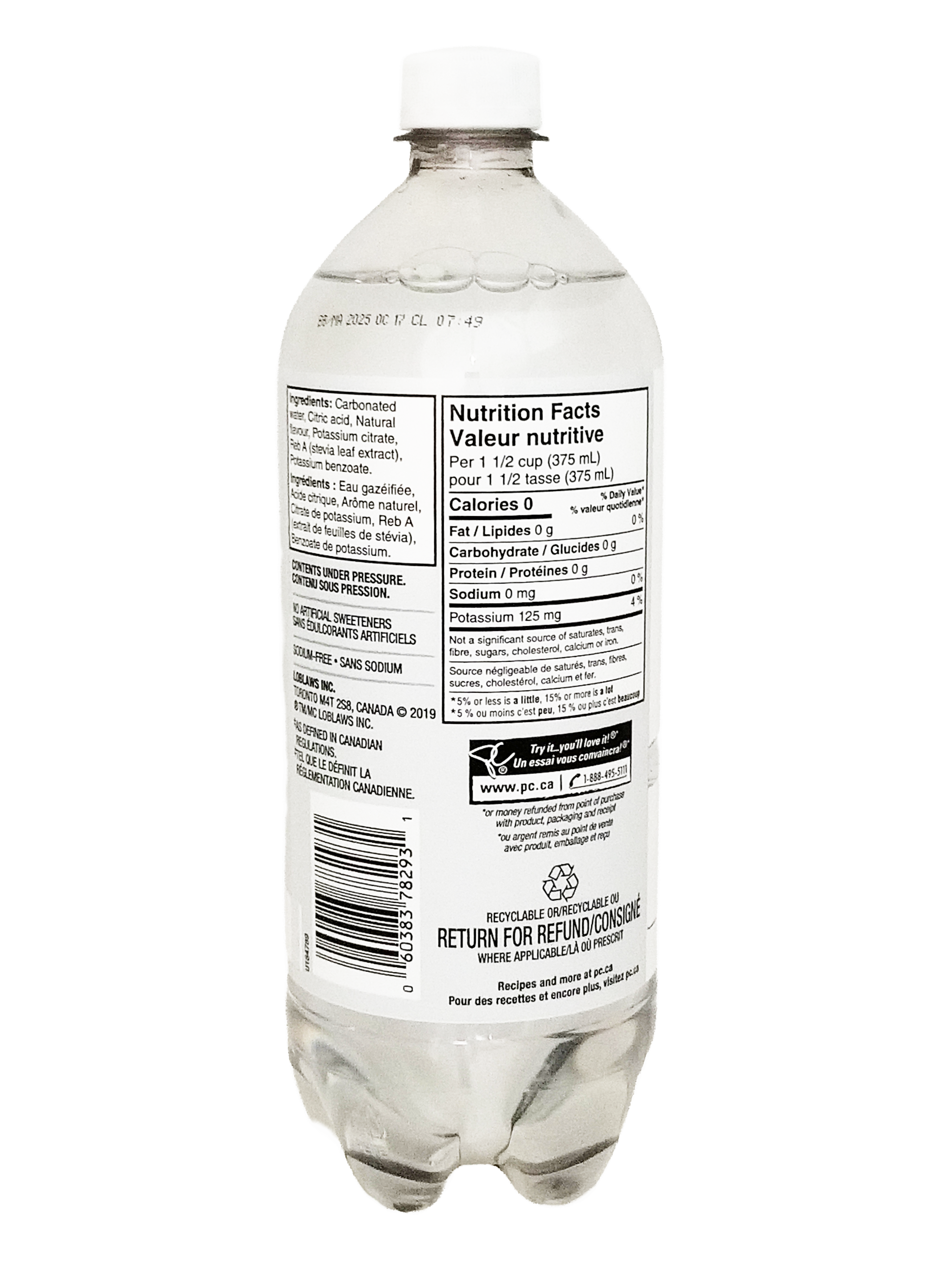 Clear plastic bottle of President's Choice Tangerine Lime Flavored Sparkling Water, 1L/35.2 fl oz with nutrition facts label on a white background